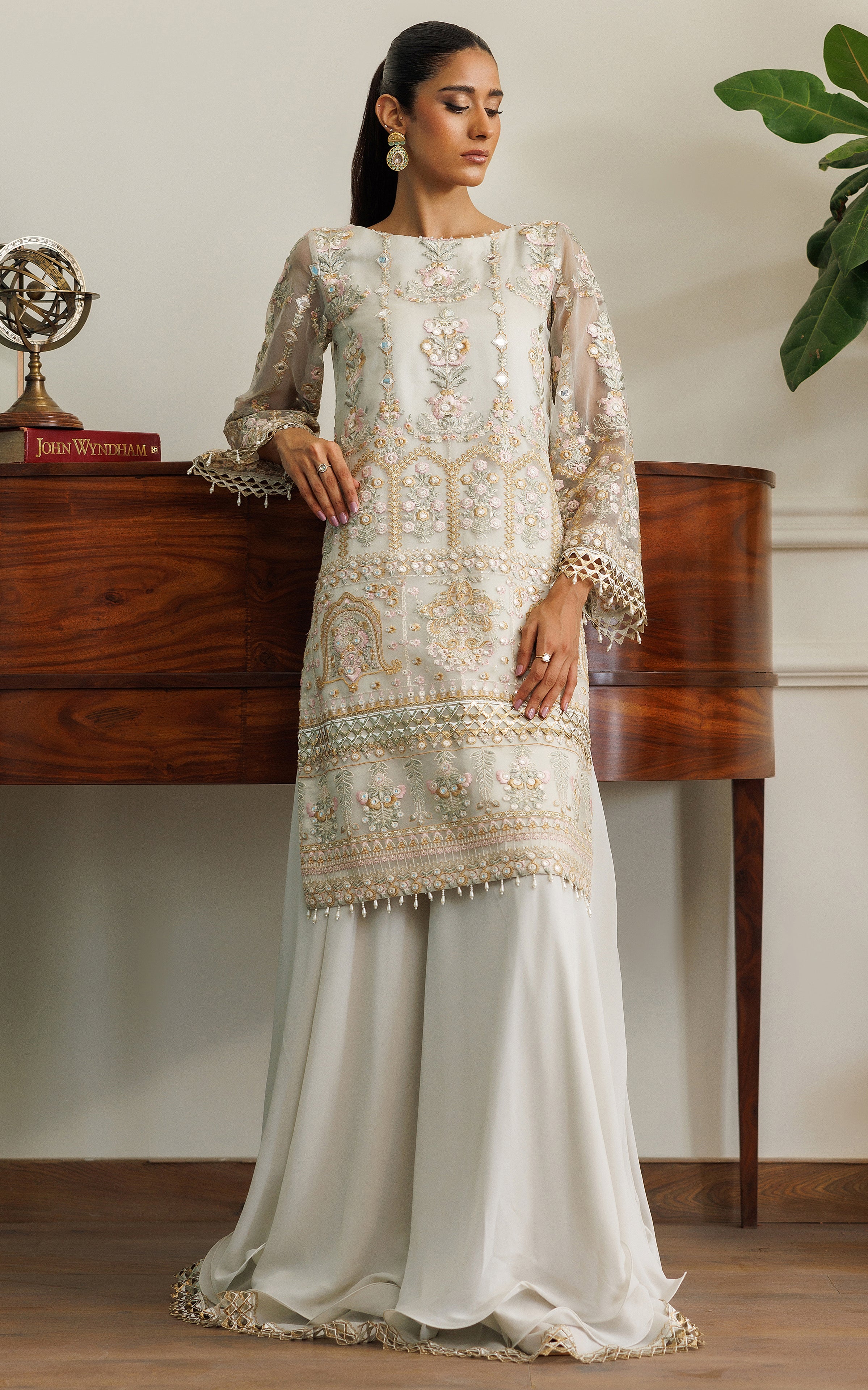 Ivory Embroidered Organza Shirt with Chiffon Skirt (2-Piece) - Image 1