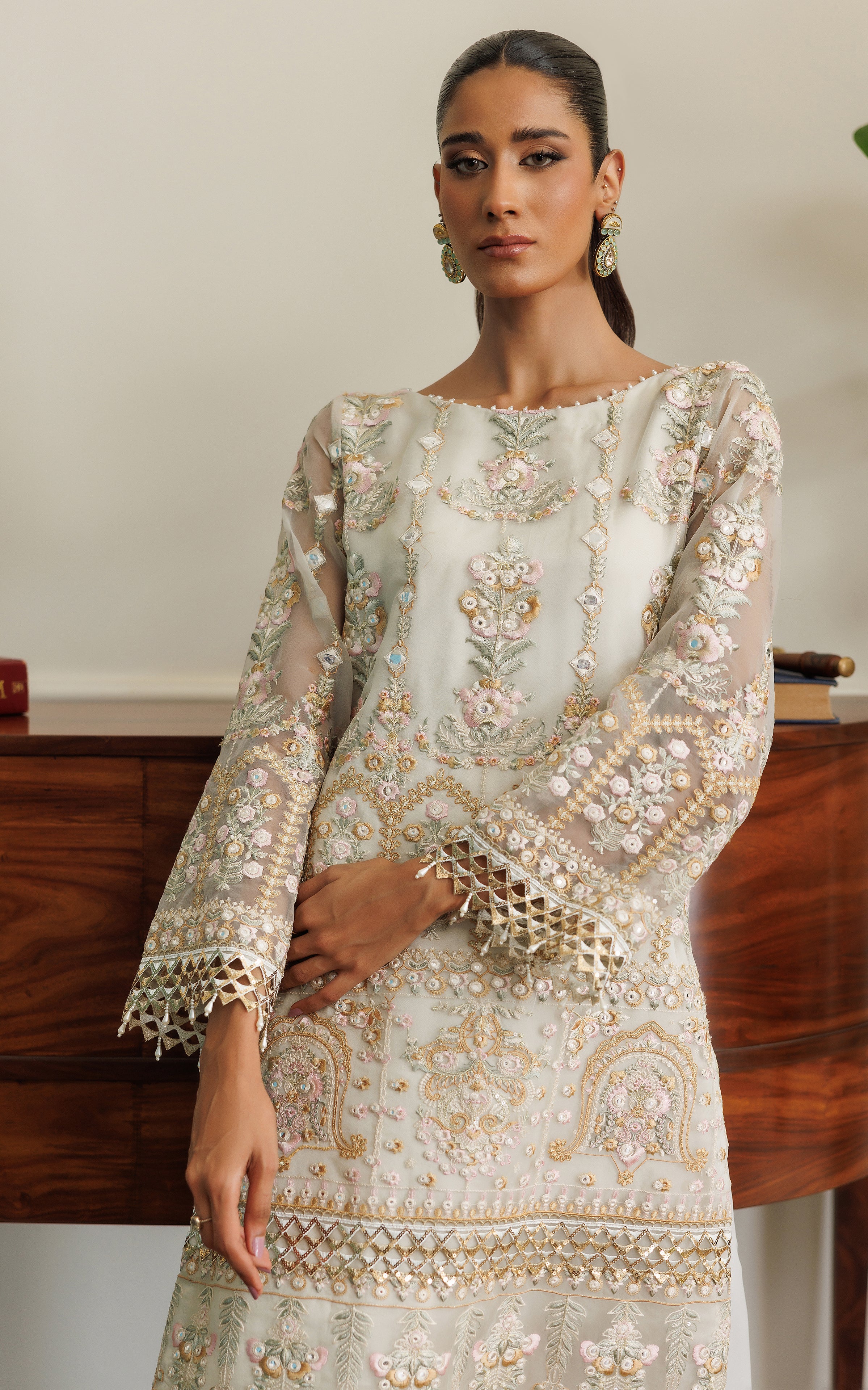 Ivory Embroidered Organza Shirt with Chiffon Skirt (2-Piece) - Image 3
