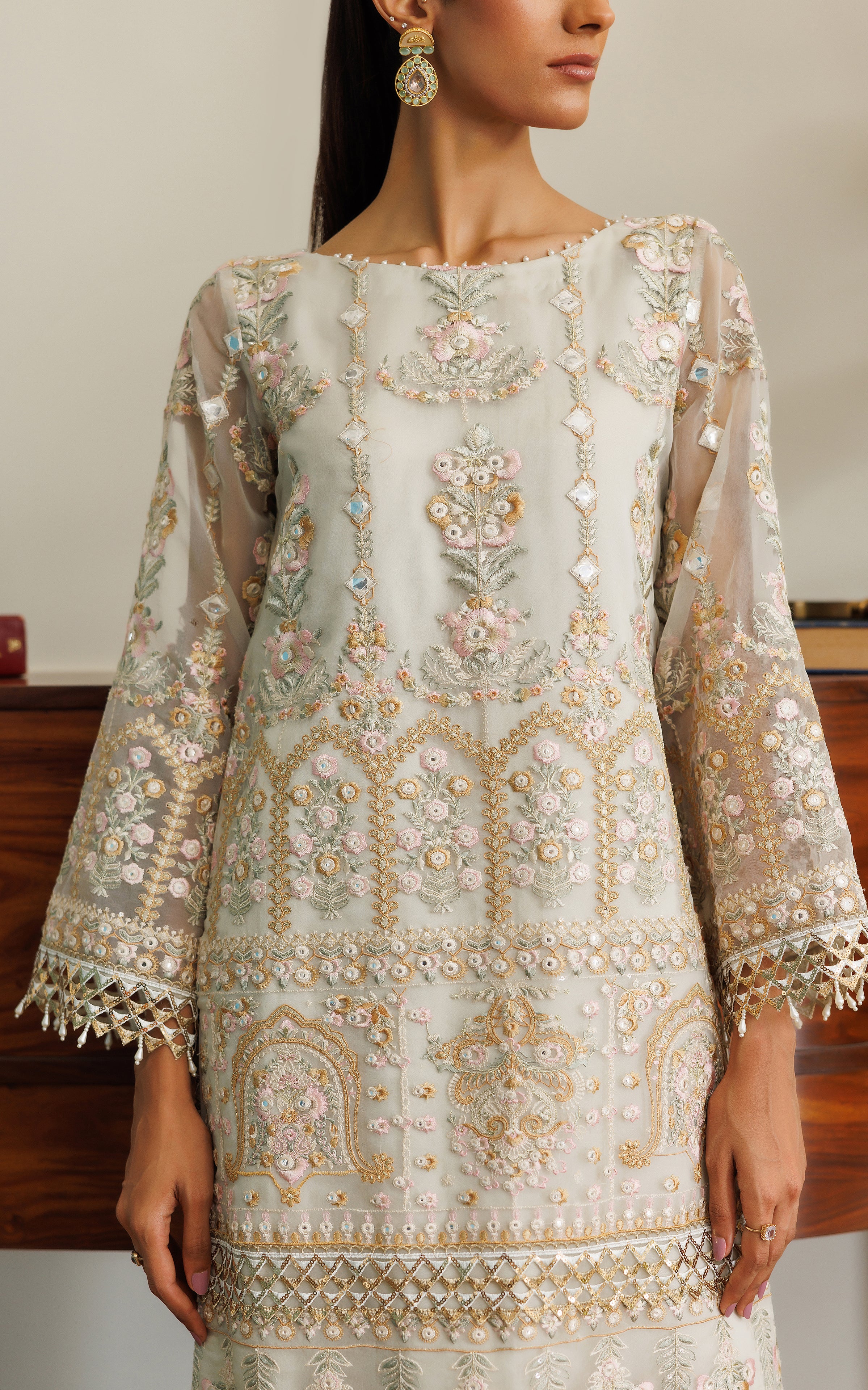 Ivory Embroidered Organza Shirt with Chiffon Skirt (2-Piece) - Image 4