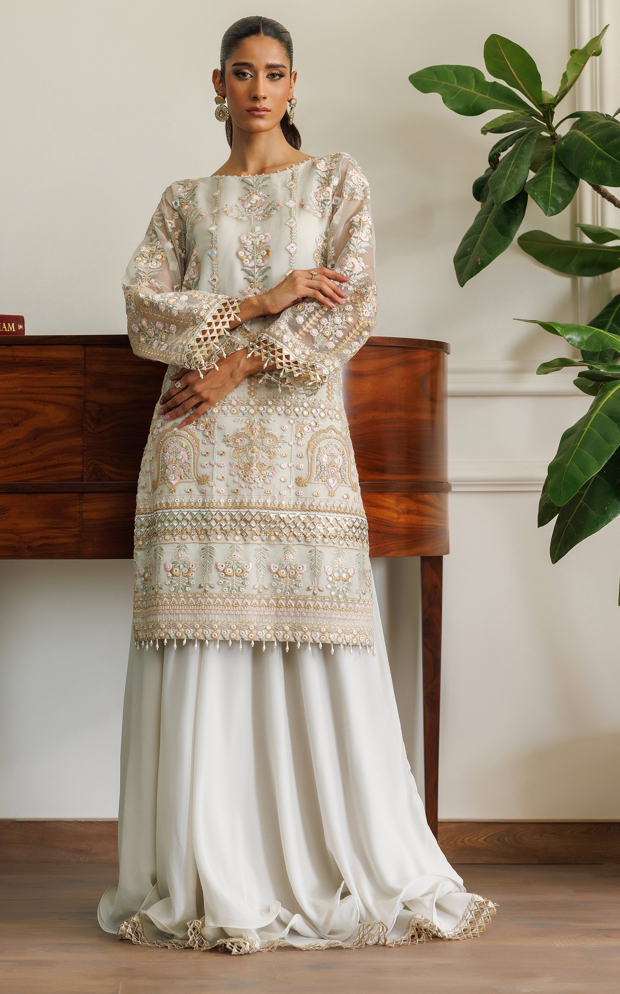 Ivory Embroidered Organza Shirt with Chiffon Skirt (2-Piece) - Image 6