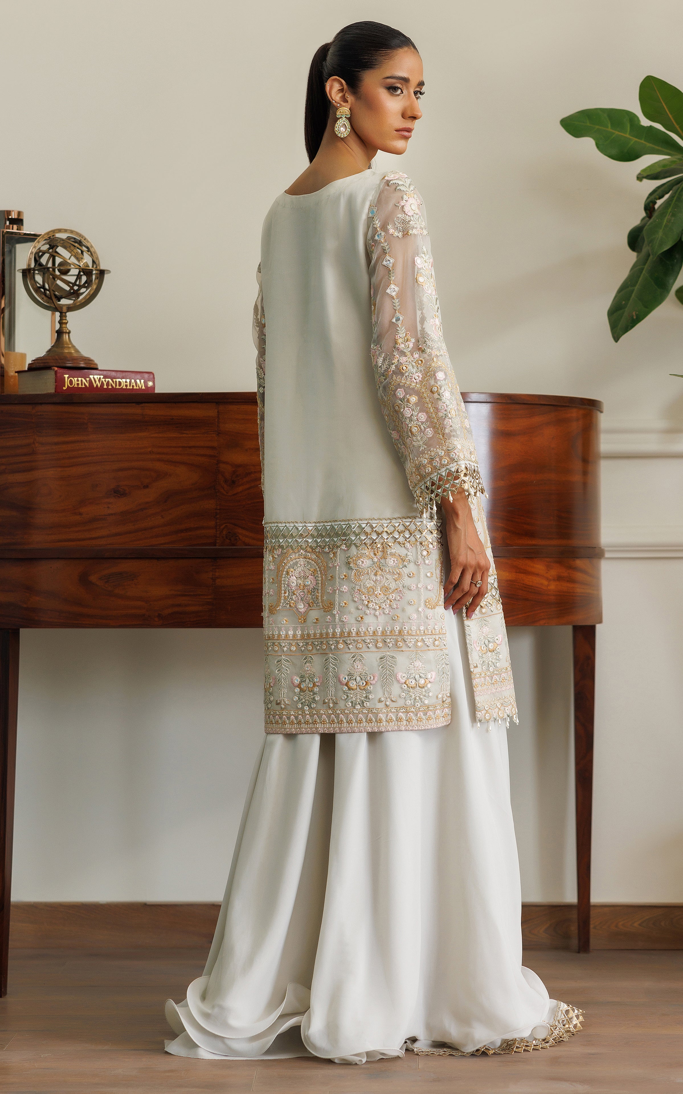 Ivory Embroidered Organza Shirt with Chiffon Skirt (2-Piece) - Image 7