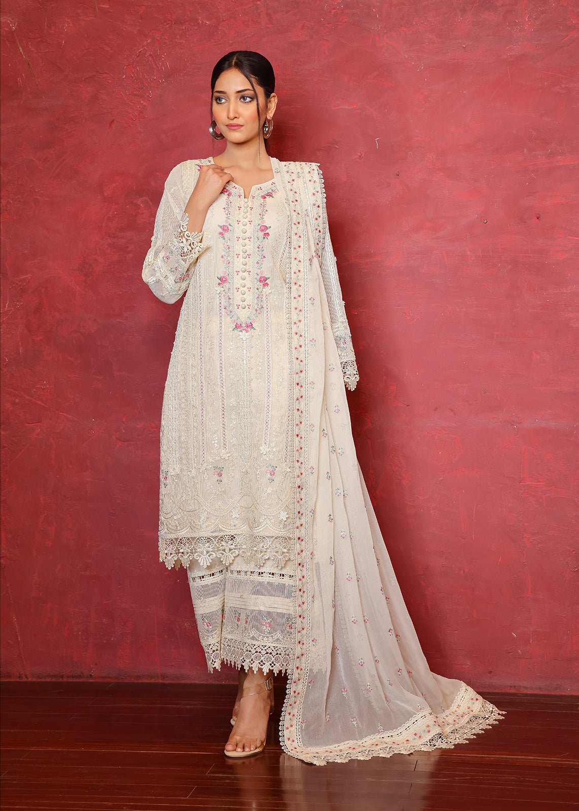 Pakistani Off-White Chikan Embroidered Organza Net Kurta (2-Piece) - Image 1