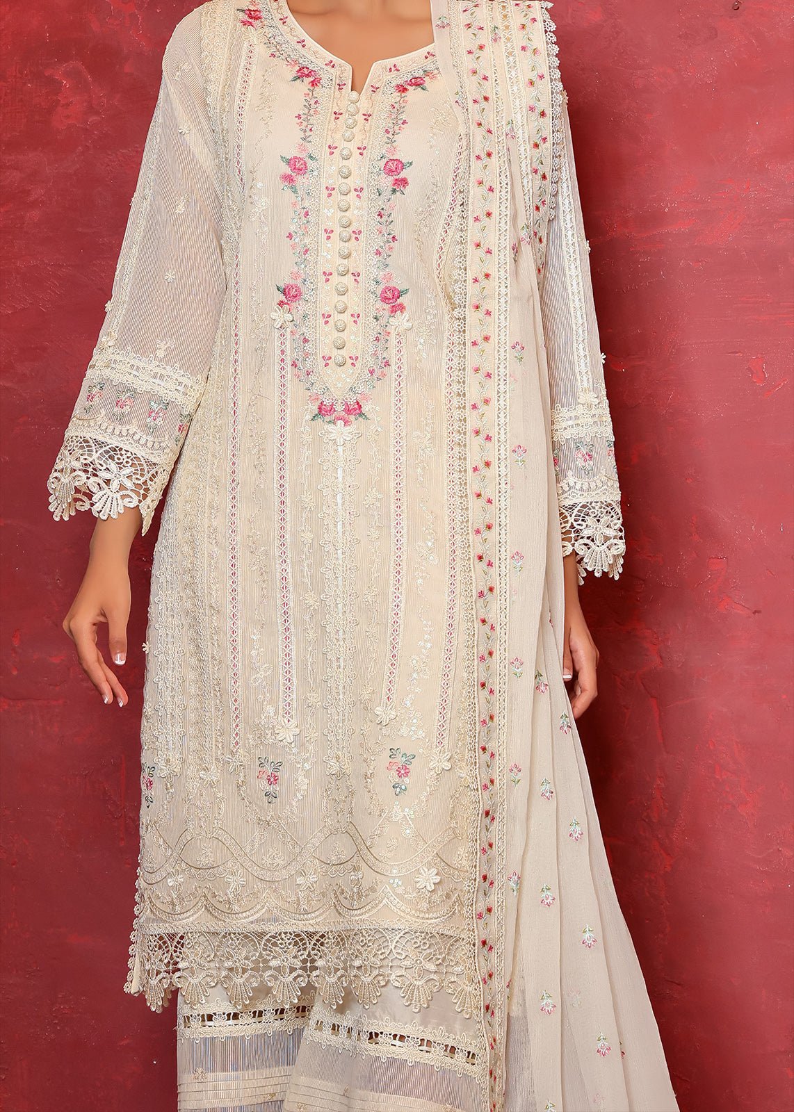 Pakistani Off-White Chikan Embroidered Organza Net Kurta (2-Piece) - Image 2