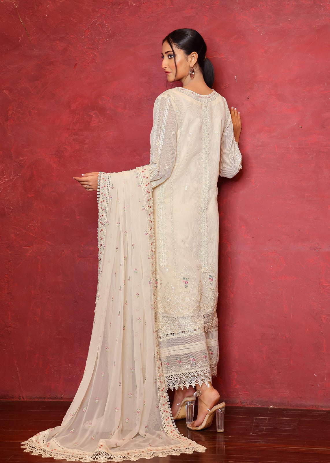 Pakistani Off-White Chikan Embroidered Organza Net Kurta (2-Piece) - Image 3