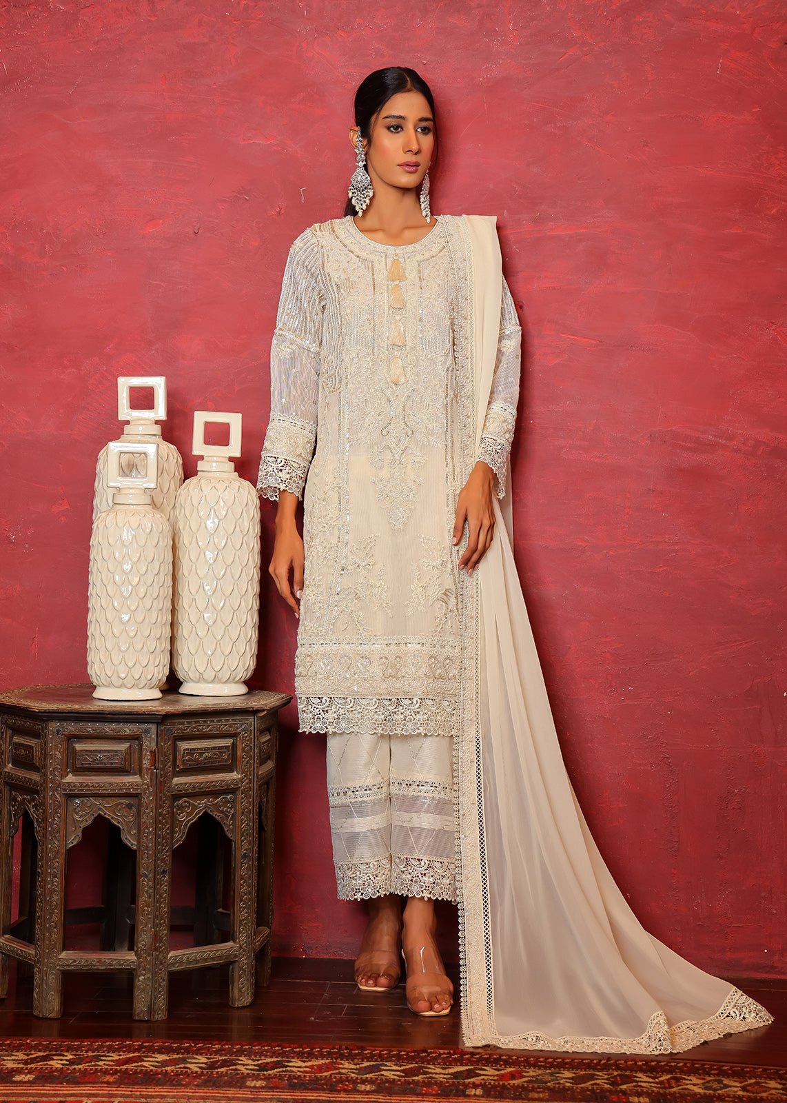 Pakistani Ivory Pearl & Sequin Organza Net Kurta (3-Piece) - Image 1