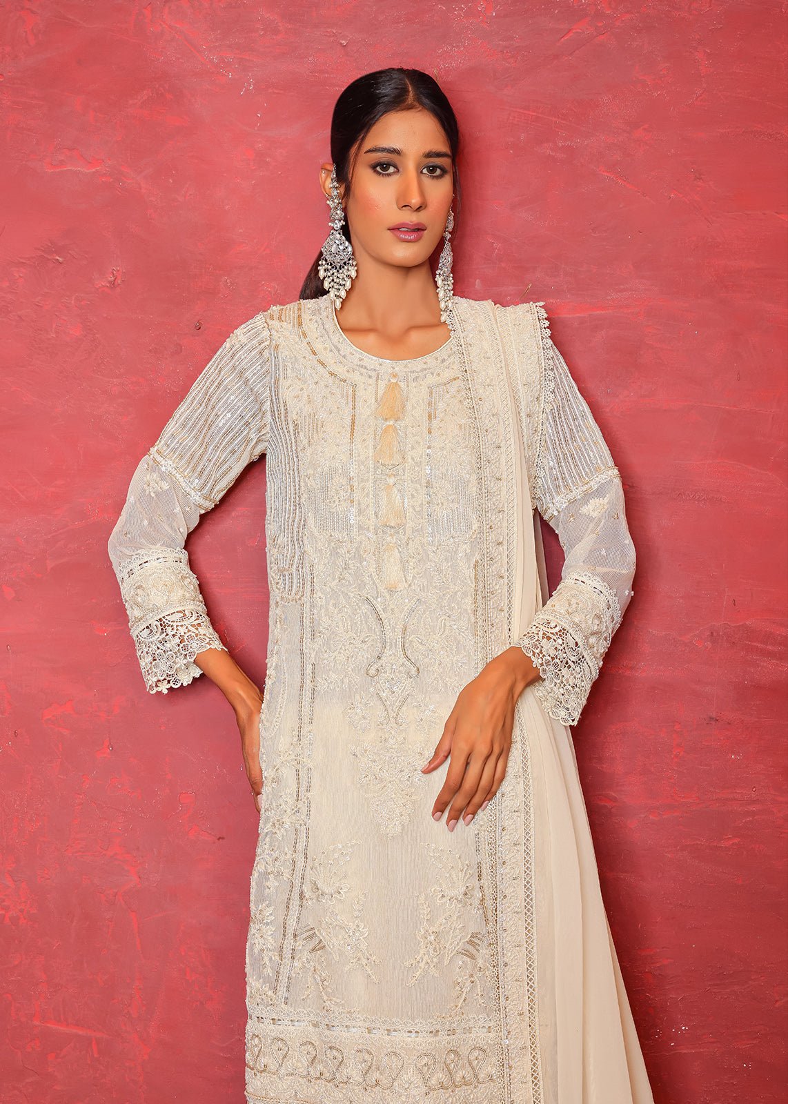Pakistani Ivory Pearl & Sequin Organza Net Kurta (3-Piece) - Image 2