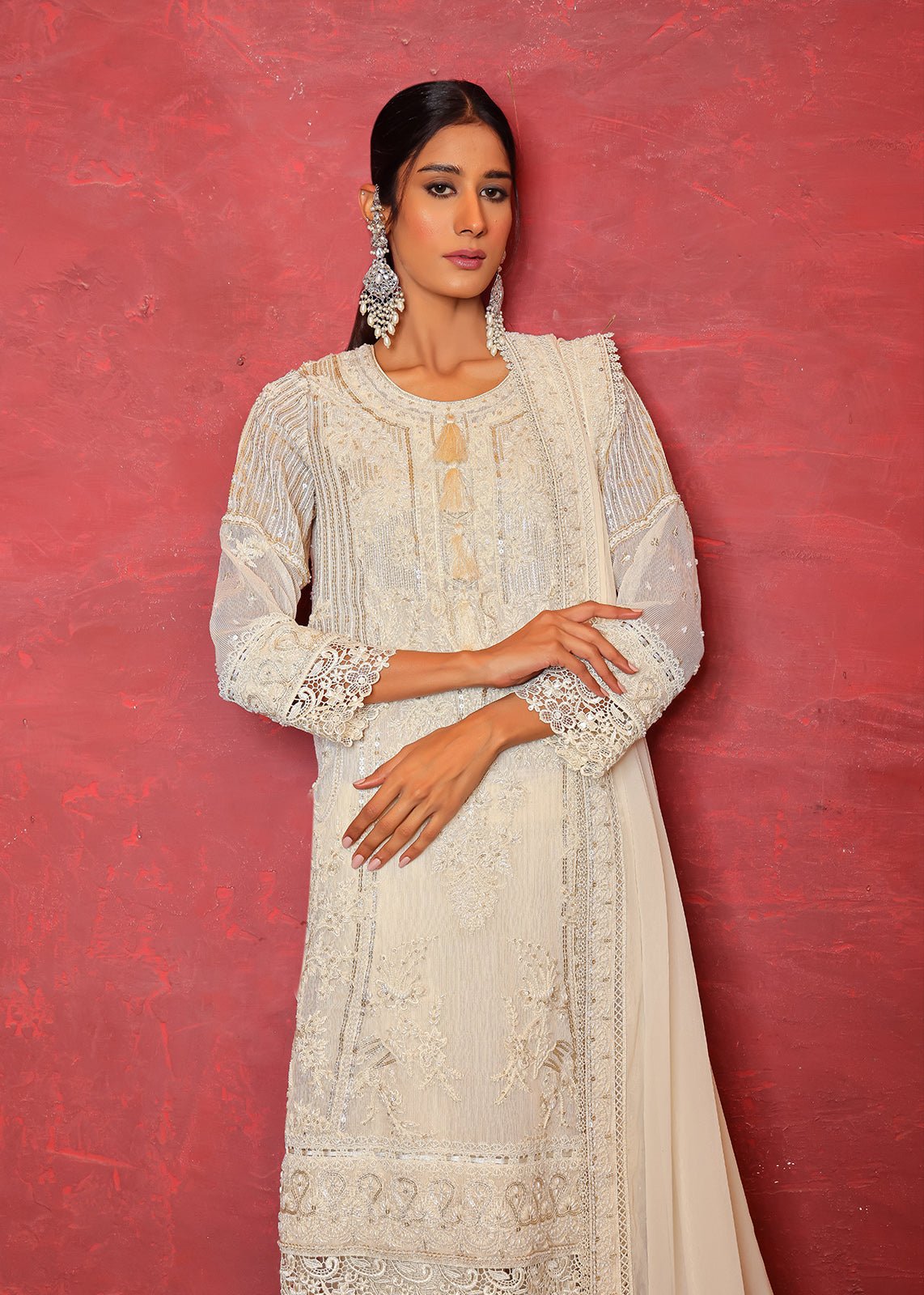 Pakistani Ivory Pearl & Sequin Organza Net Kurta (3-Piece) - Image 3