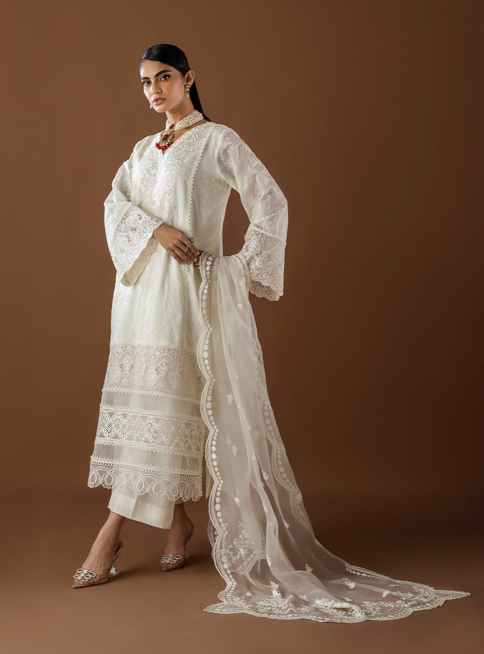 Pakistani Ivory Organza Patch Embroidered Long Shirt (3-Piece) - Image 1