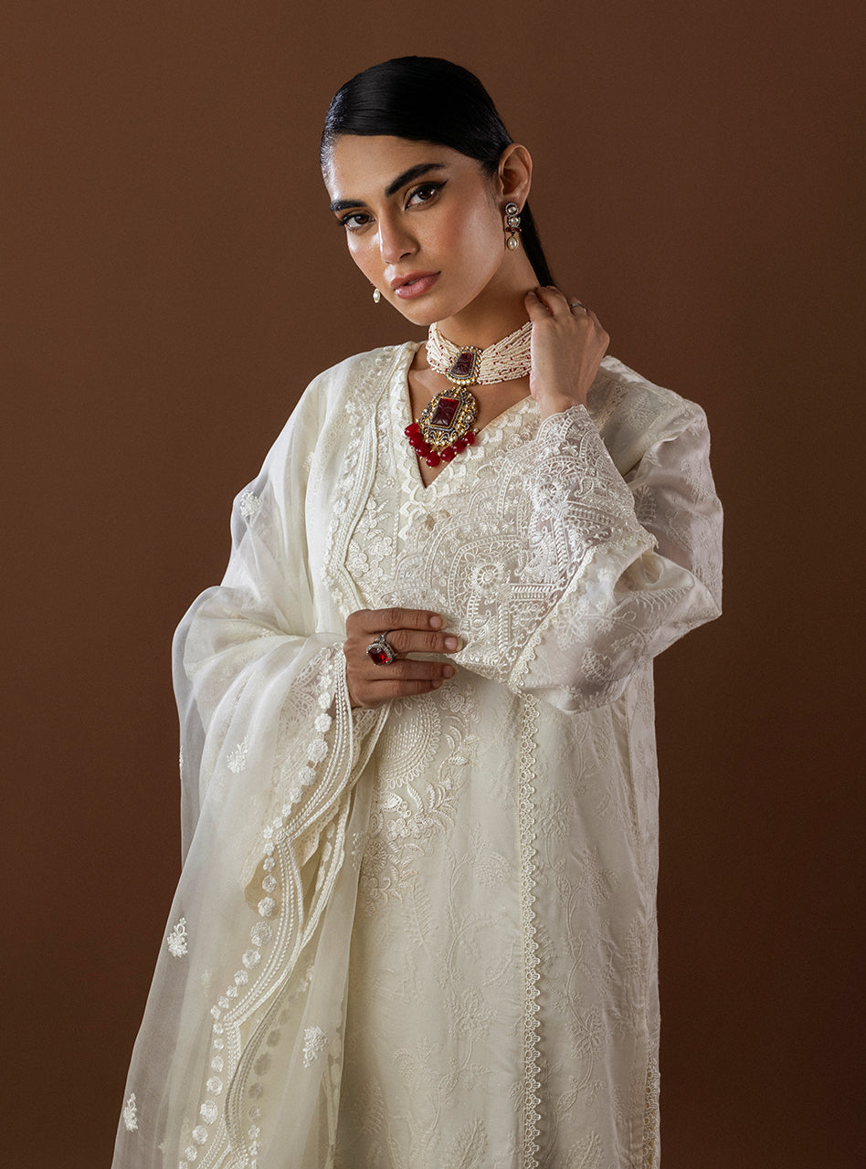 Pakistani Ivory Organza Patch Embroidered Long Shirt (3-Piece) - Image 2