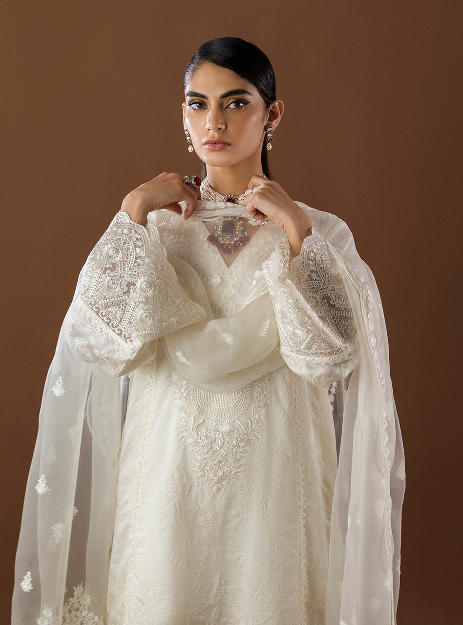 Pakistani Ivory Organza Patch Embroidered Long Shirt (3-Piece) - Image 3
