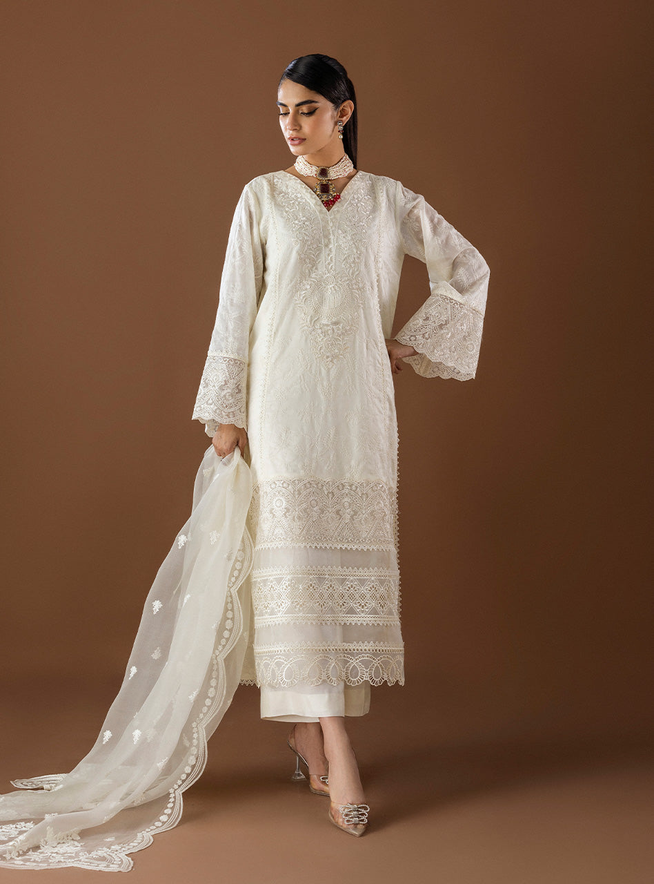 Pakistani Ivory Organza Patch Embroidered Long Shirt (3-Piece) - Image 4