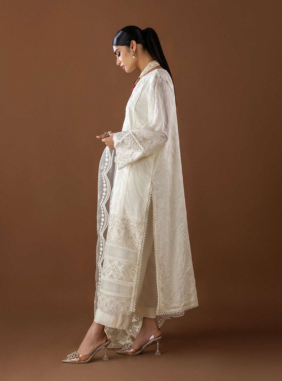 Pakistani Ivory Organza Patch Embroidered Long Shirt (3-Piece) - Image 5