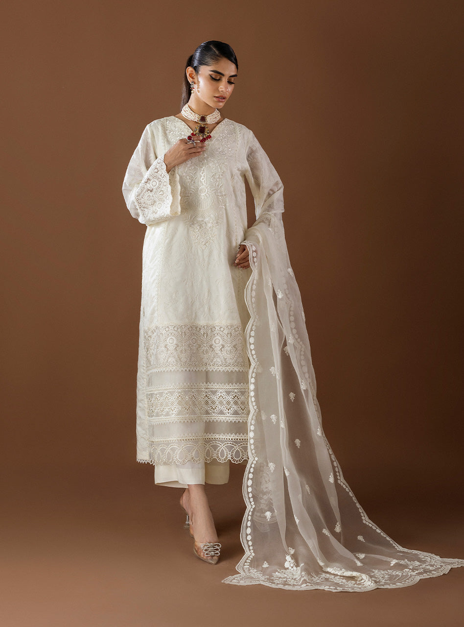 Pakistani Ivory Organza Patch Embroidered Long Shirt (3-Piece) - Image 6