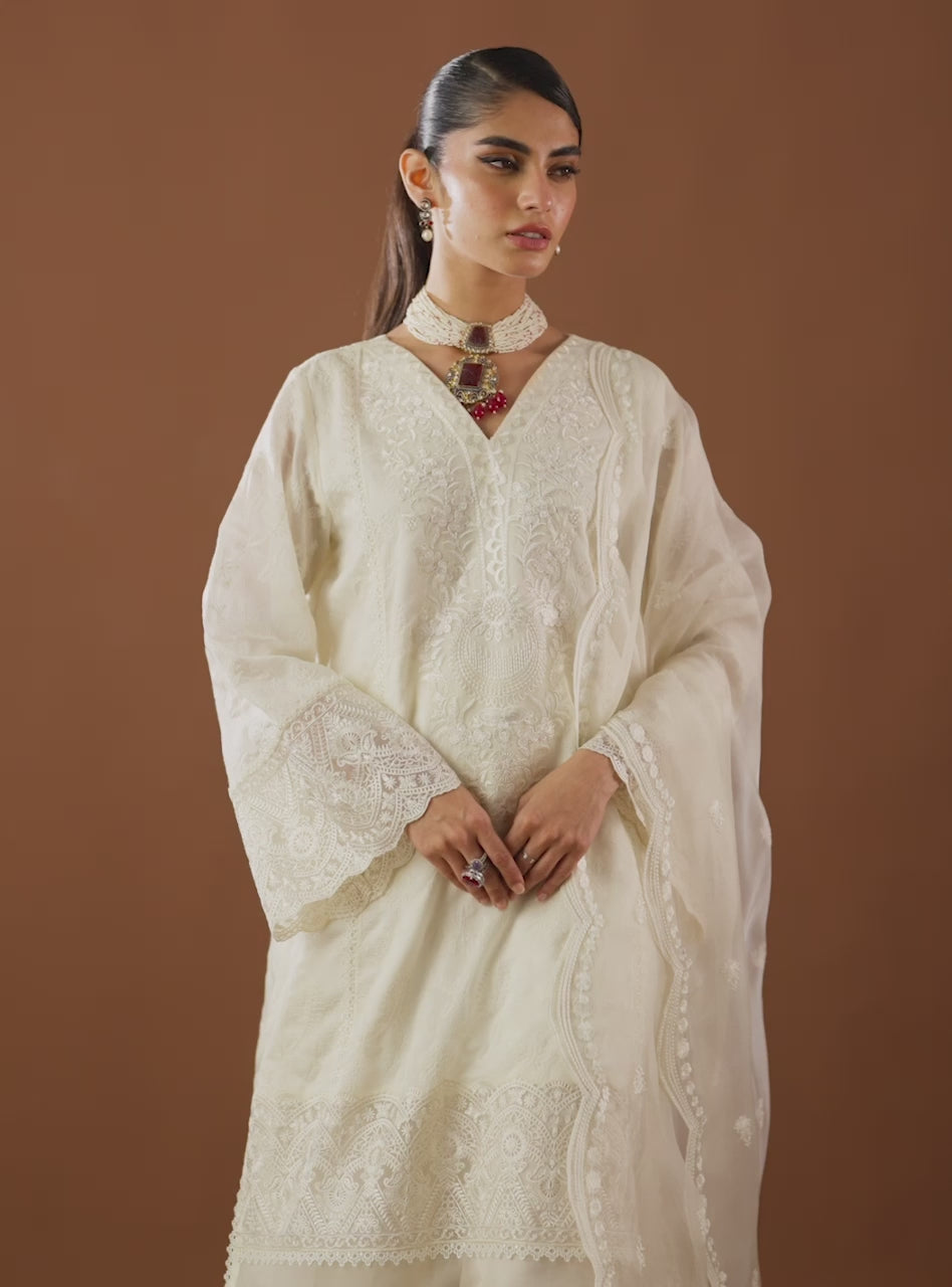 Pakistani Ivory Organza Patch Embroidered Long Shirt (3-Piece) - Image 7