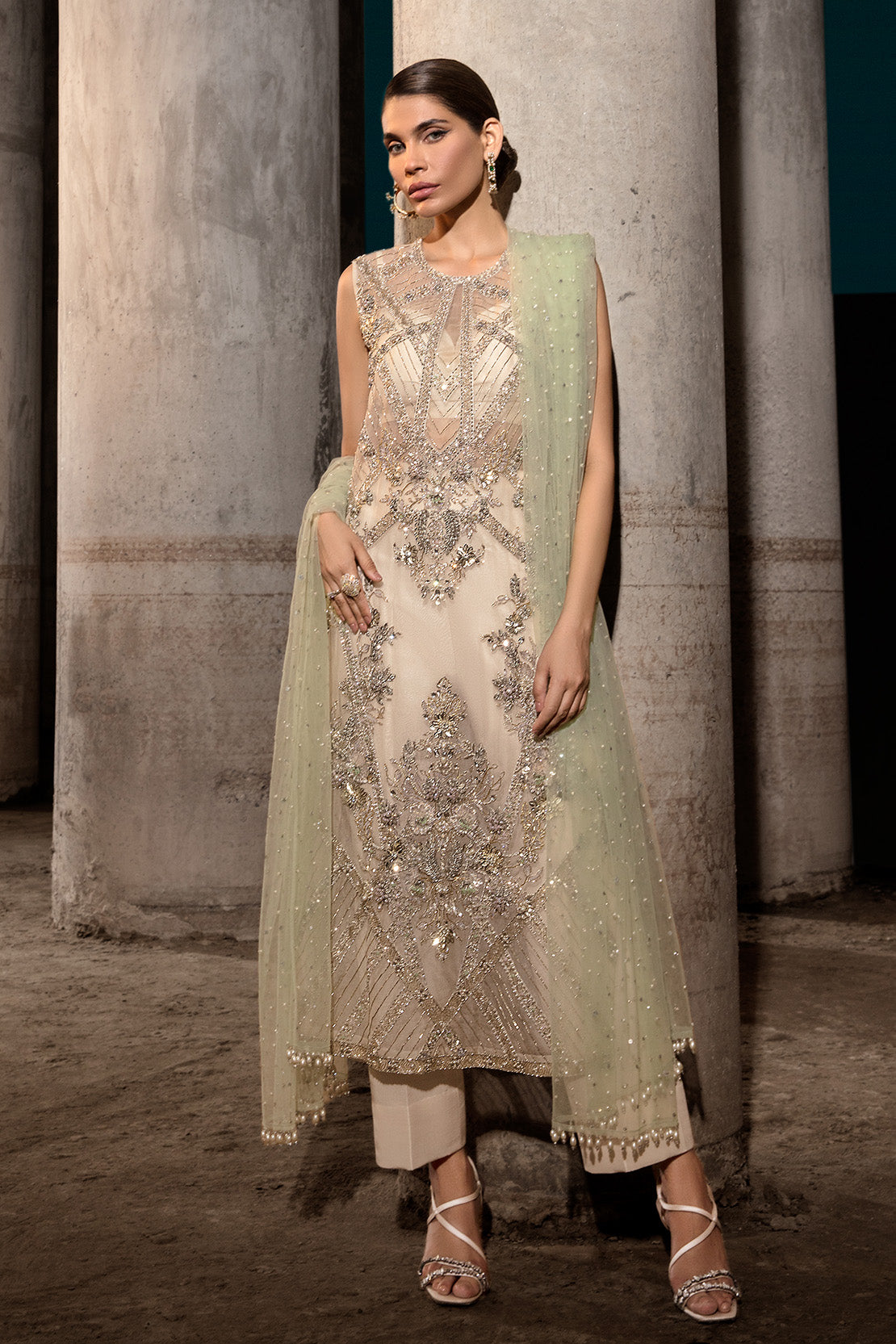 Ivory Embellished Organza Salwar Kameez (3-Piece) - Image 1