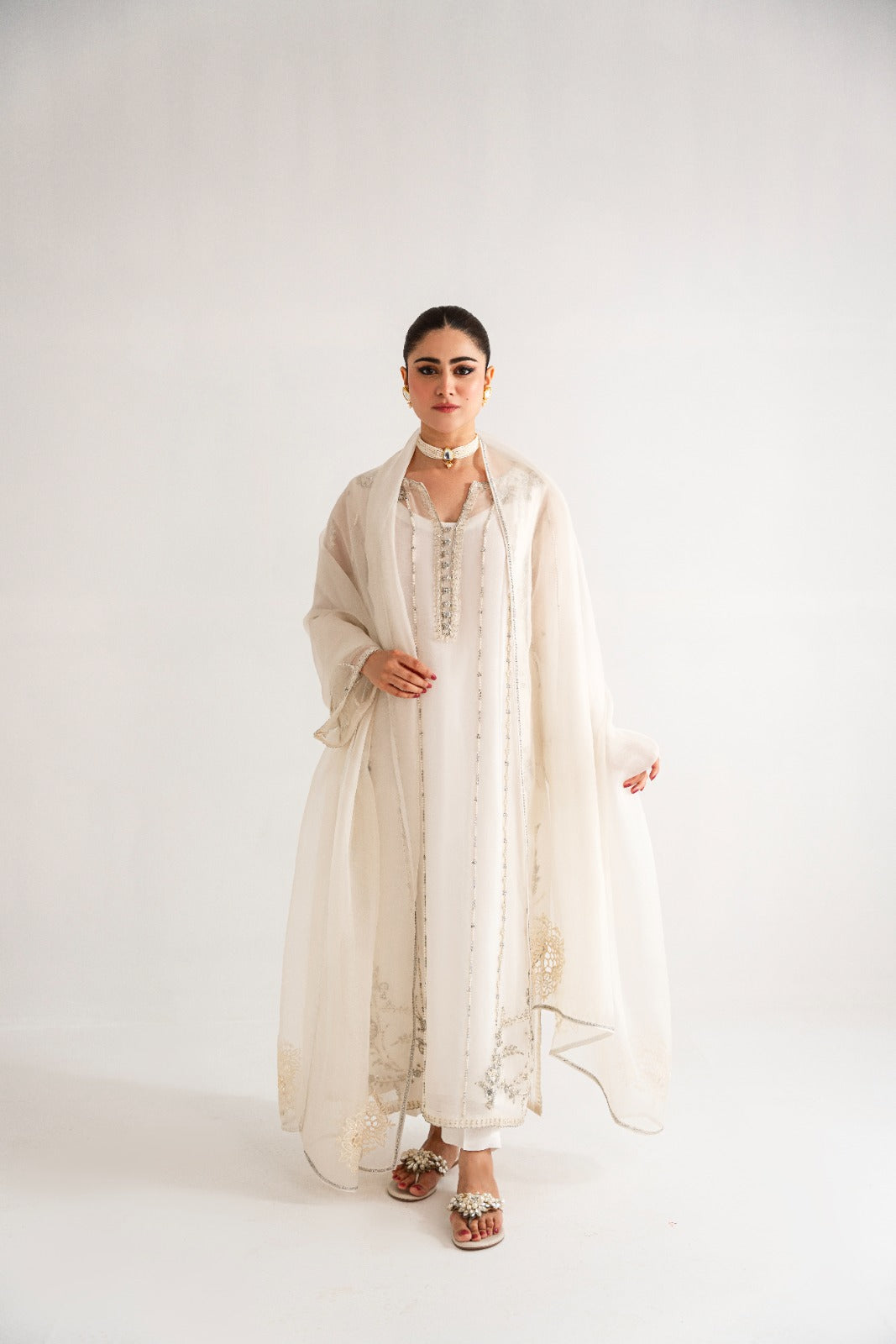 Ivory Embellished Pure Organza Salwar Kameez (3-Piece) - Image 1