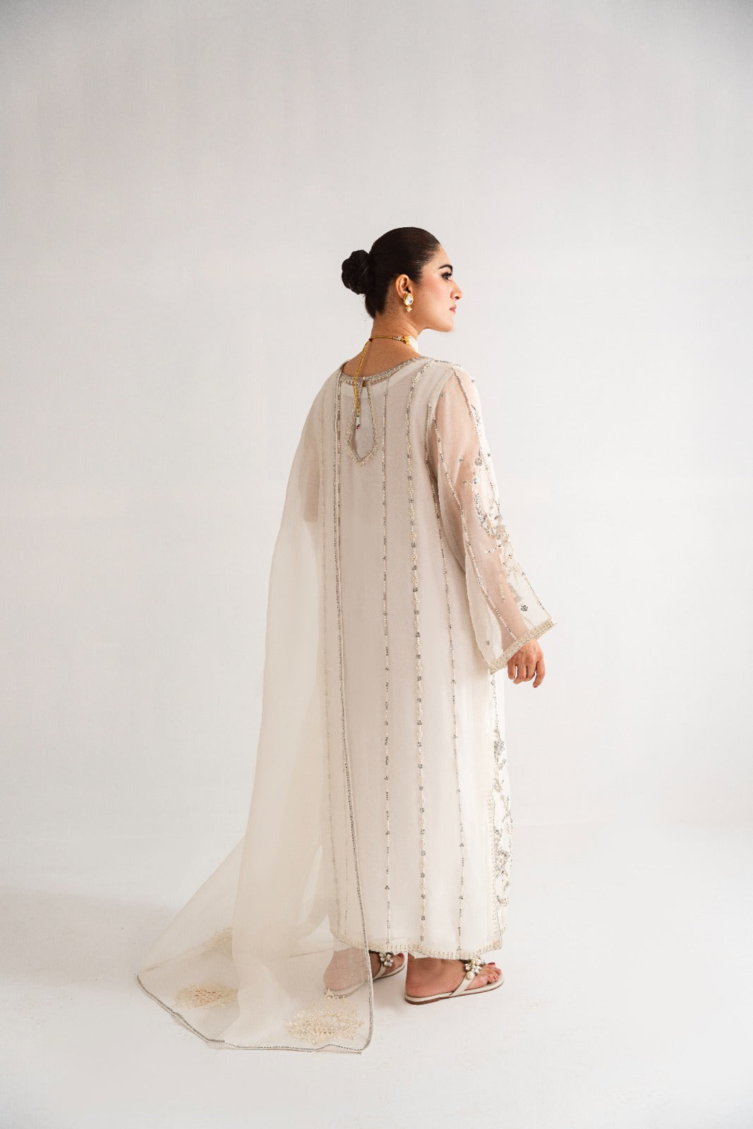 Ivory Embellished Pure Organza Salwar Kameez (3-Piece) - Image 3