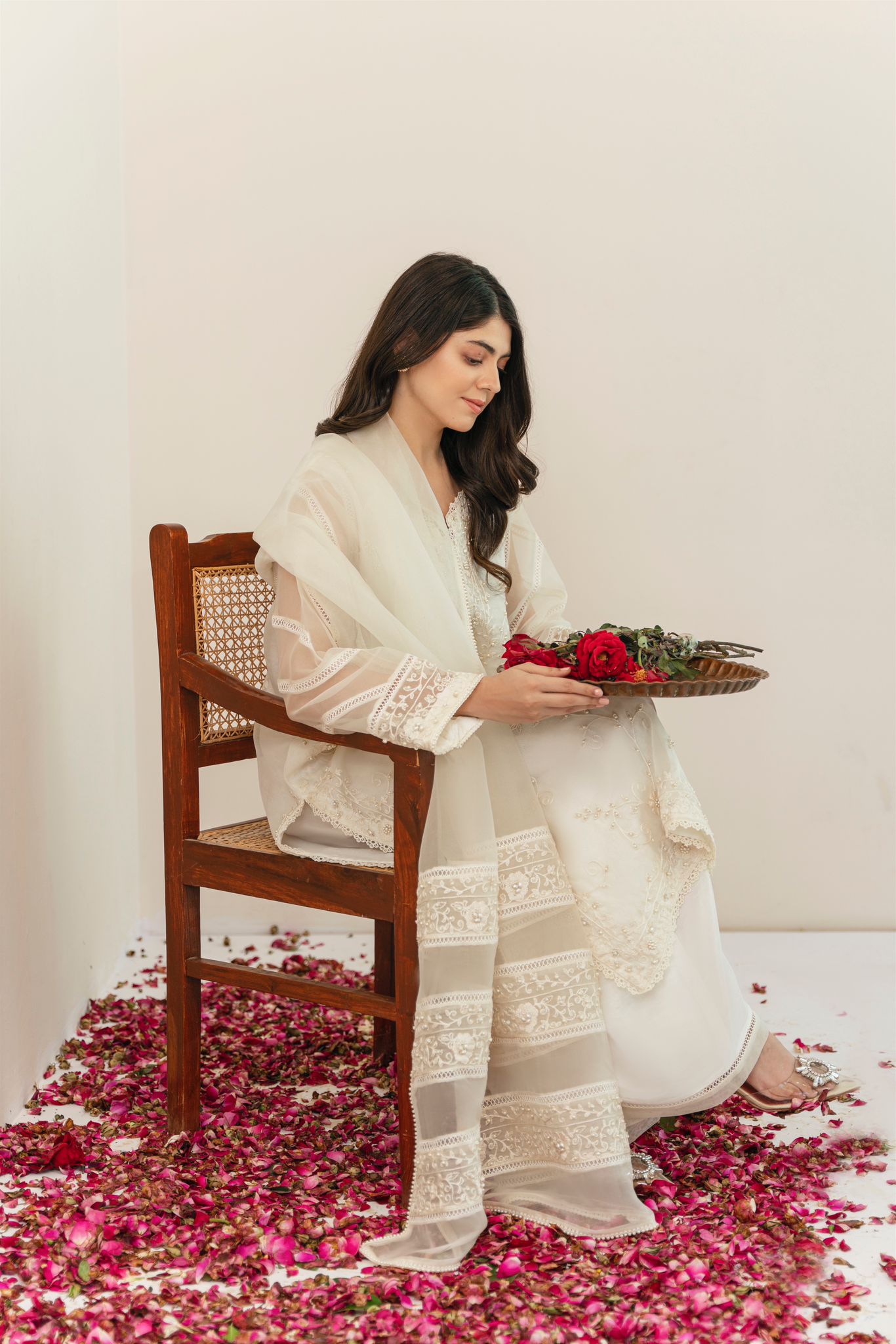 Pakistani Ivory Embroidered Pure Organza Kurta Set (3-Piece) - Image 1