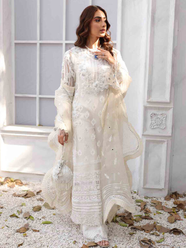 Ivory Pearl & Mirror Work Organza Salwar Kameez (3-Piece) - Image 1