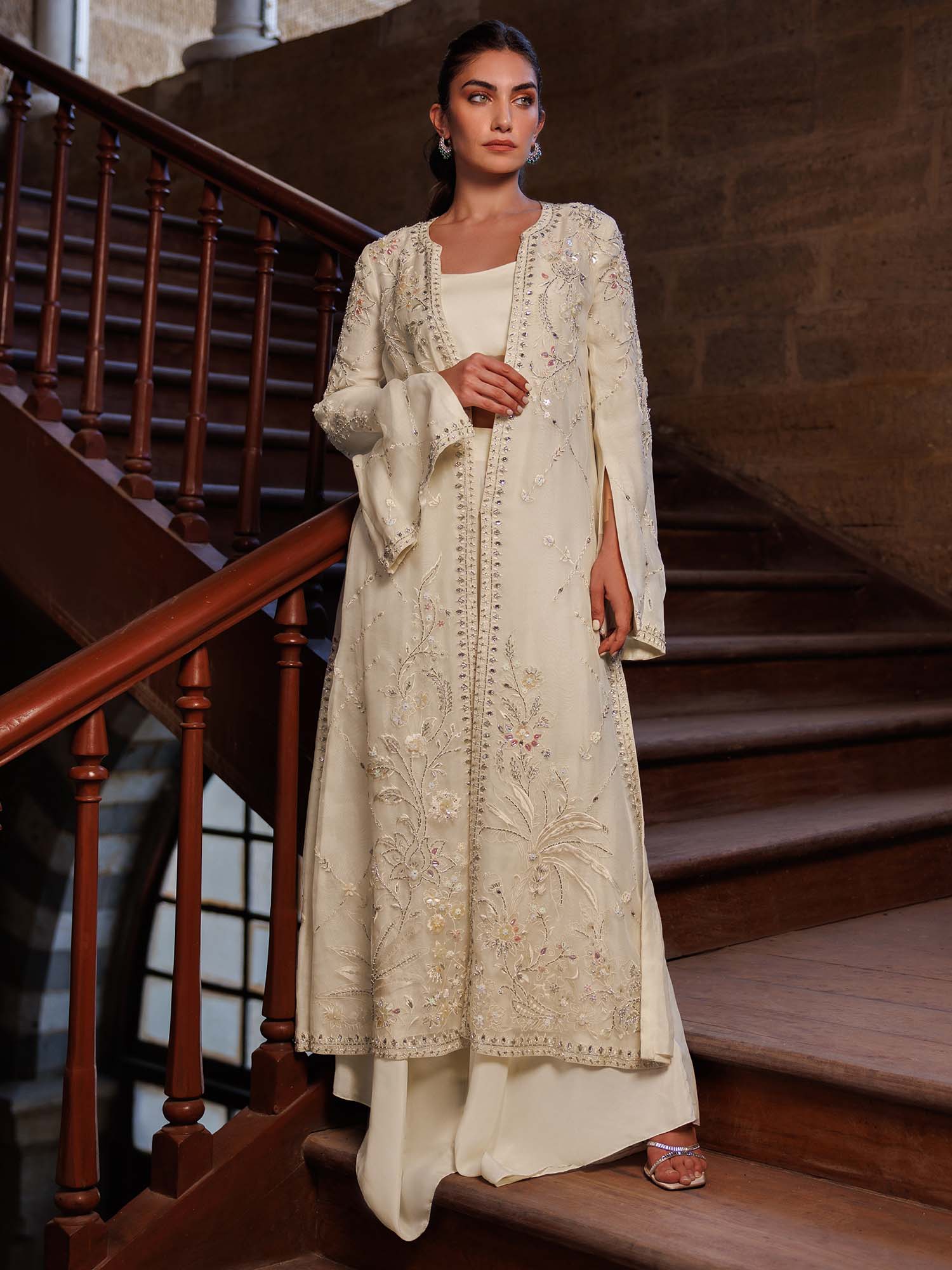 Pakistani Ivory Embroidered Organza Coat with Charmeuse Silk Pants (2-Piece) - Image 1