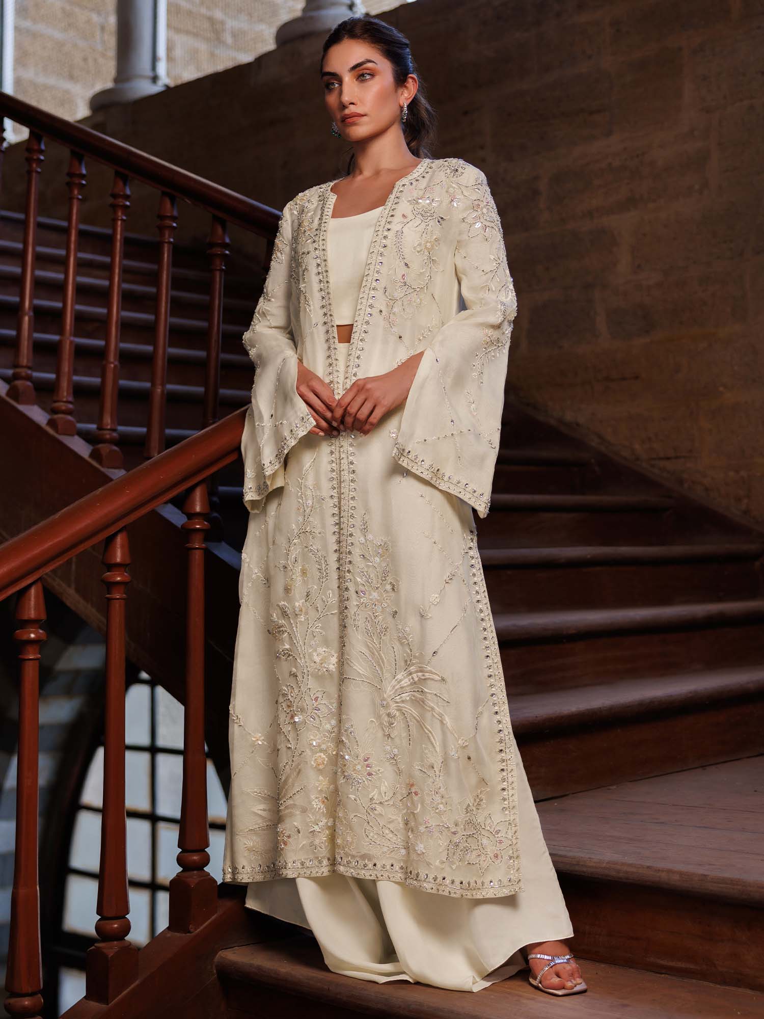 Pakistani Ivory Embroidered Organza Coat with Charmeuse Silk Pants (2-Piece) - Image 2