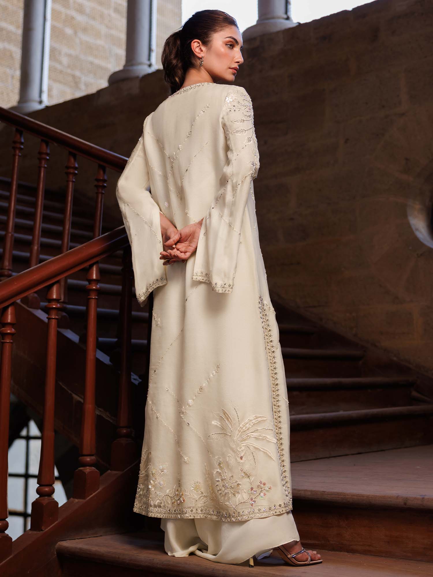 Pakistani Ivory Embroidered Organza Coat with Charmeuse Silk Pants (2-Piece) - Image 4