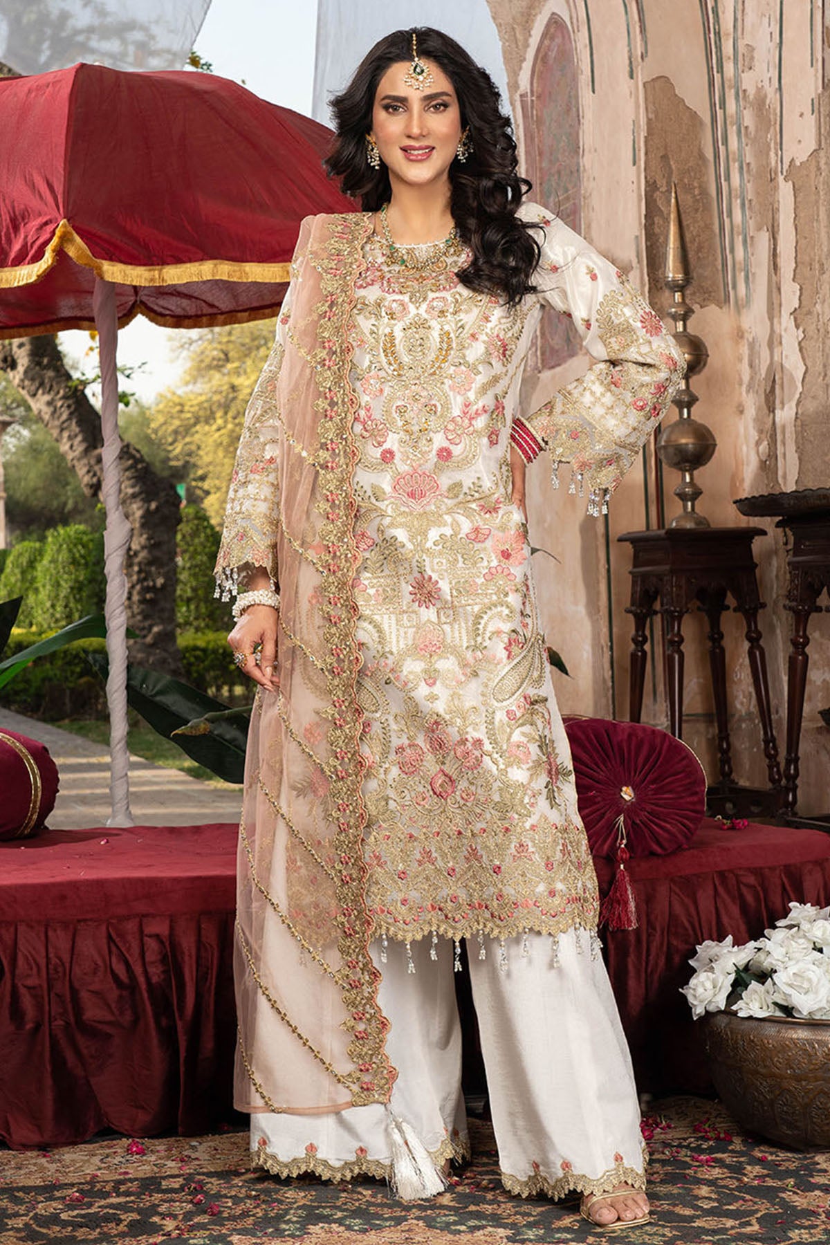 Pakistani Off-White Embroidered Organza Salwar Kameez (3-Piece) - Image 1