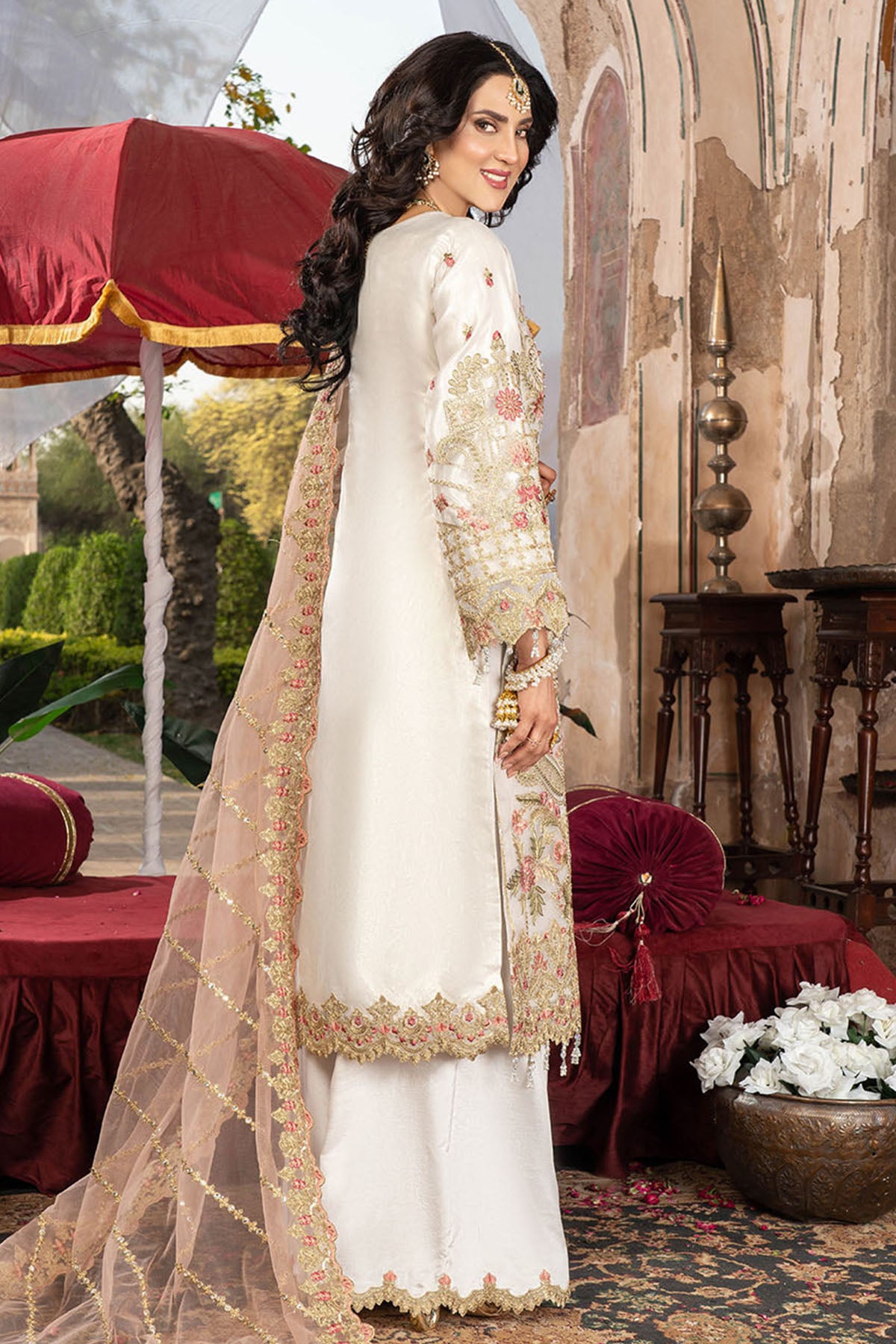 Pakistani Off-White Embroidered Organza Salwar Kameez (3-Piece) - Image 2