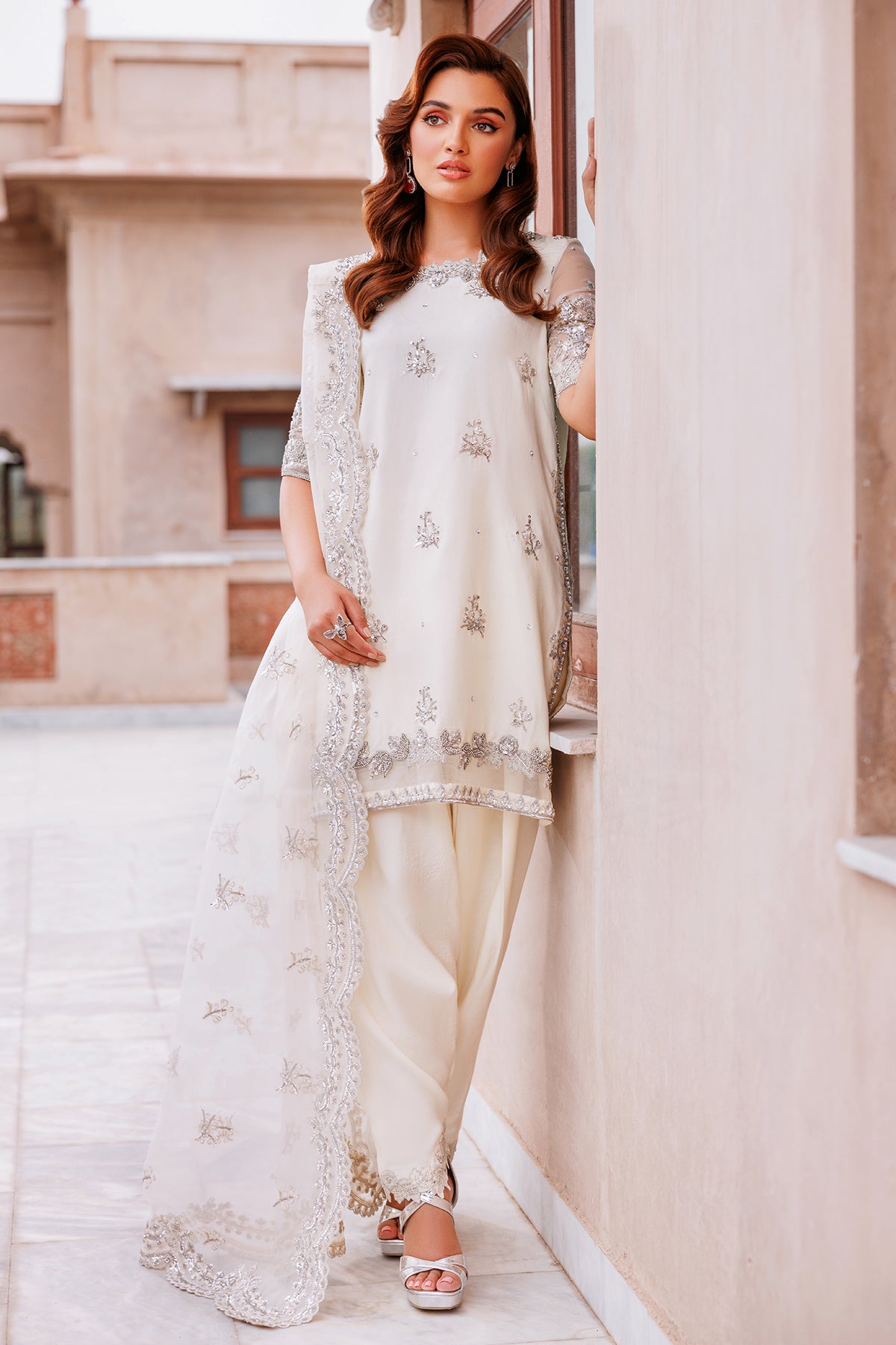 Ivory Embroidered Organza & Kataan Salwar Kameez (3-Piece) - Image 1