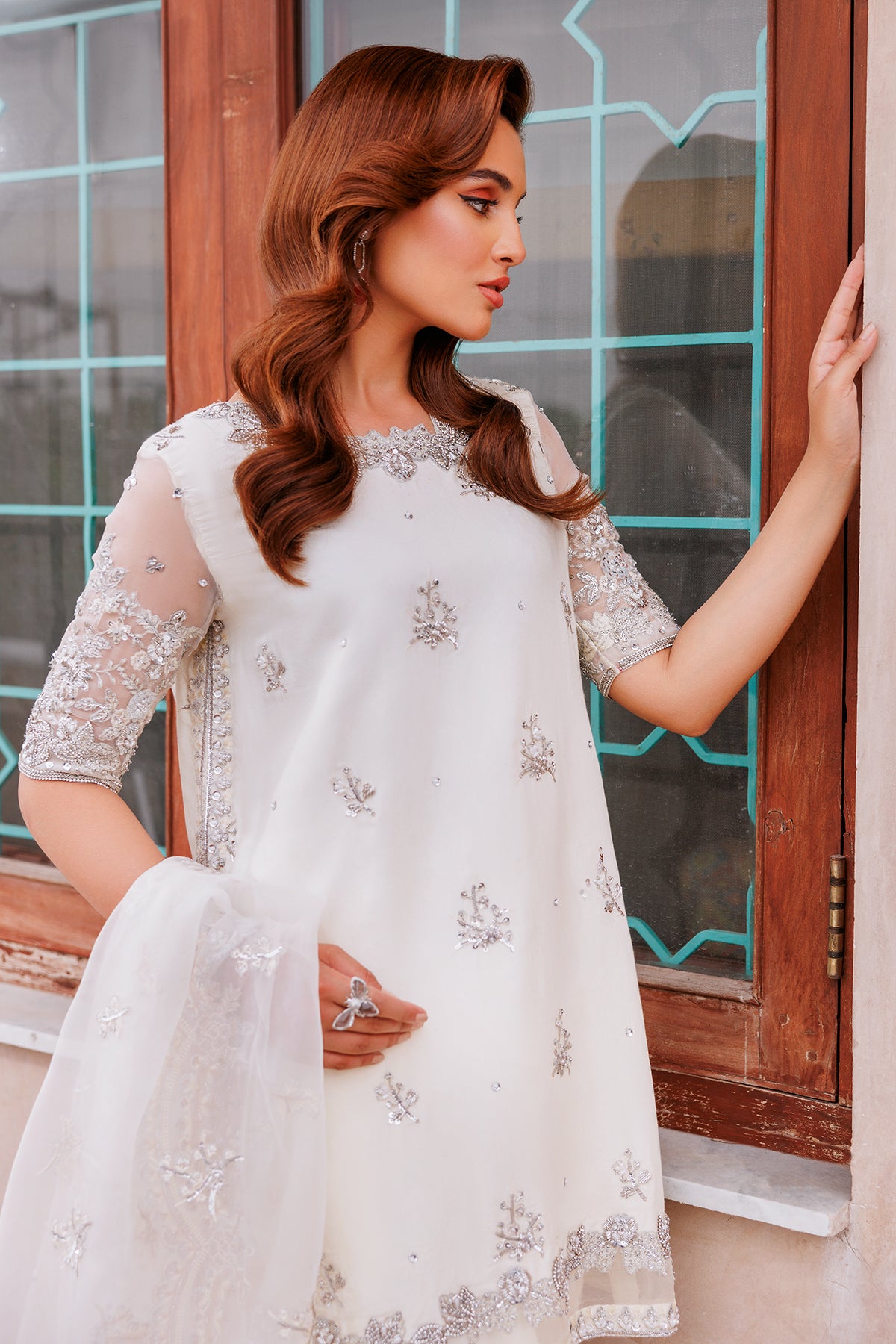 Ivory Embroidered Organza & Kataan Salwar Kameez (3-Piece) - Image 2
