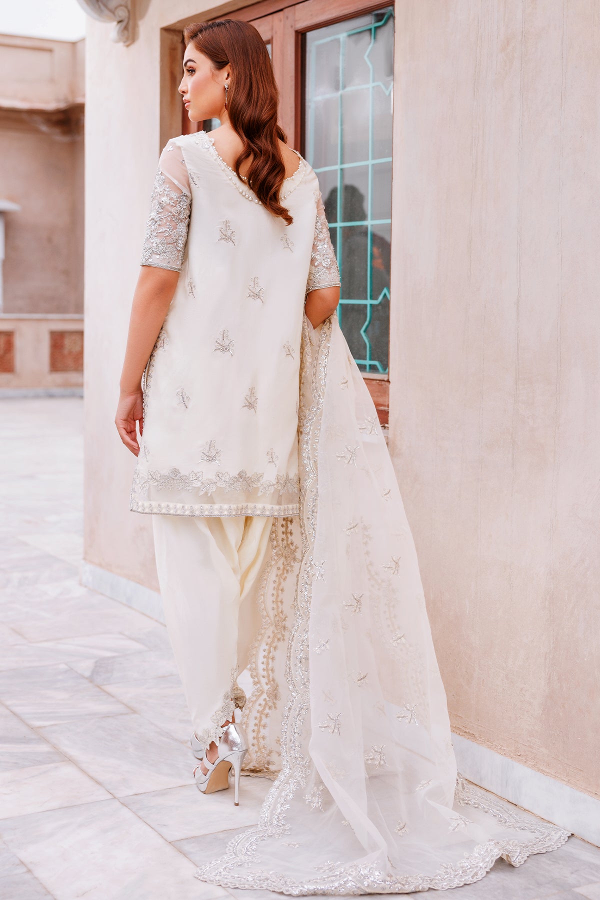 Ivory Embroidered Organza & Kataan Salwar Kameez (3-Piece) - Image 4