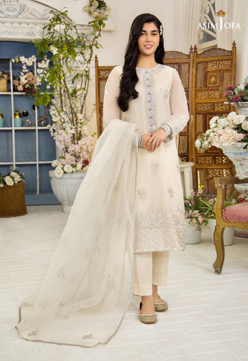 Pakistani Off White Embroidered Organza Salwar Kameez (3-Piece) - Image 1
