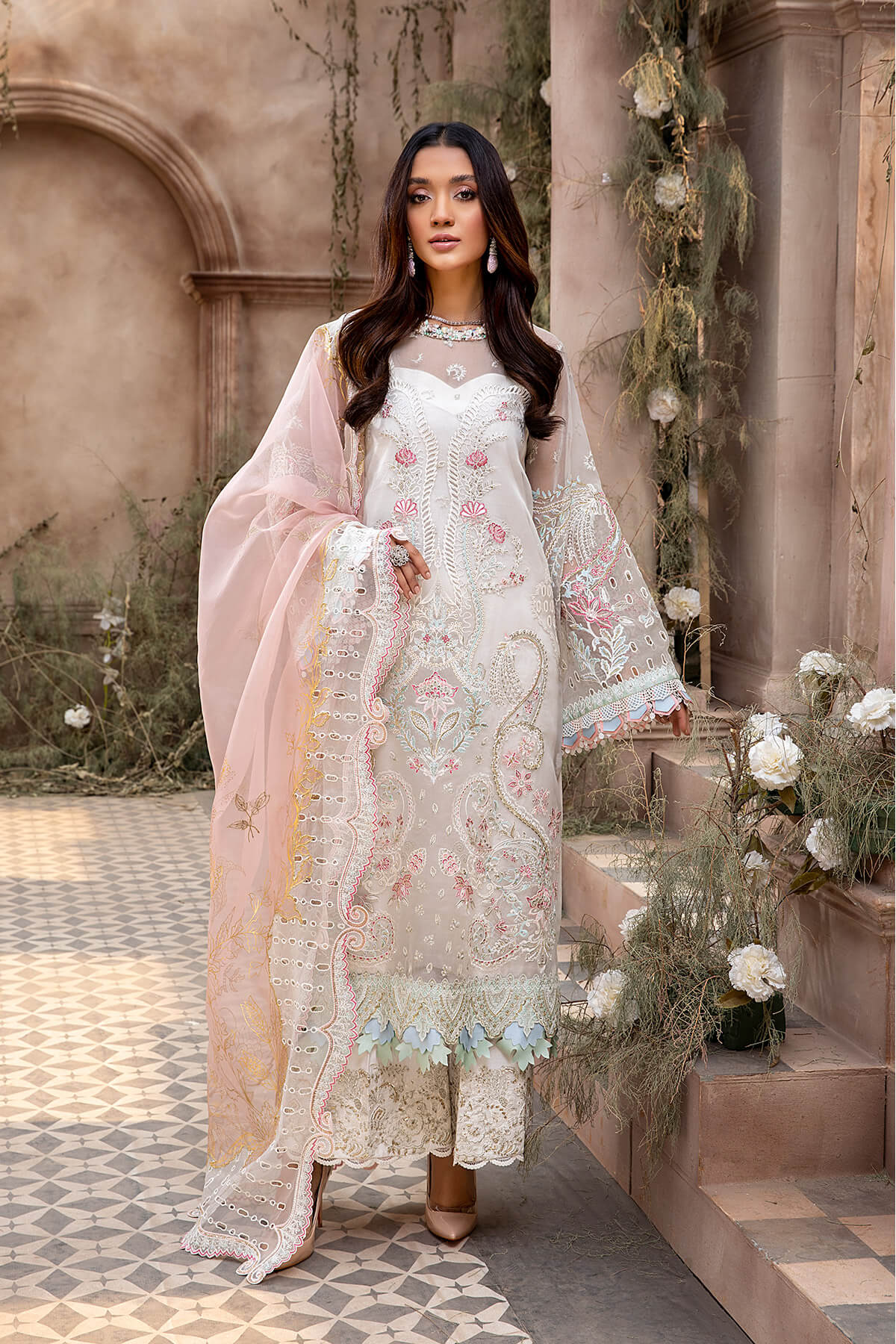 Pakistani Ivory Embroidered Organza & Silk Salwar Kameez (3-Piece) - Image 1