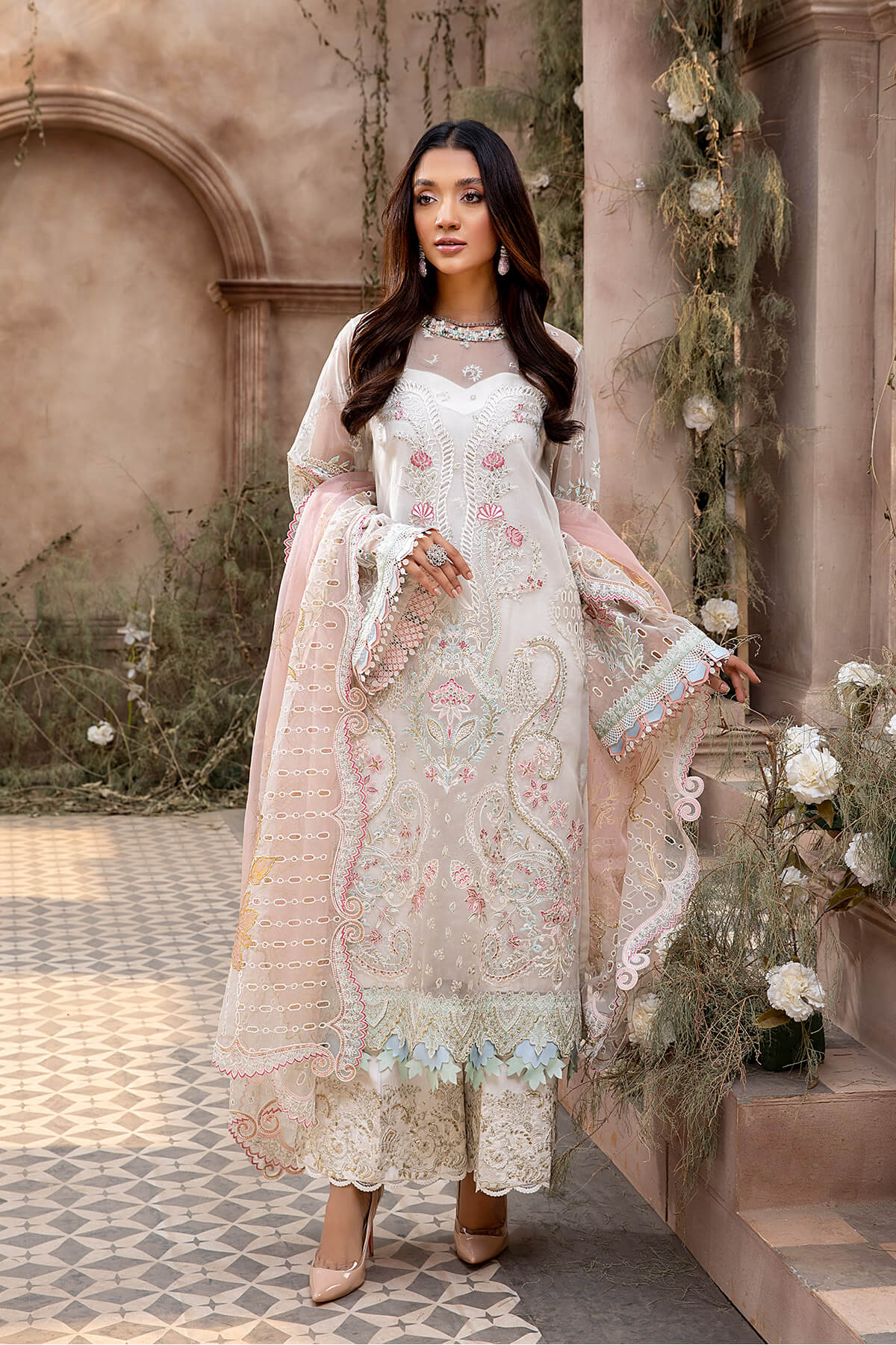 Pakistani Ivory Embroidered Organza & Silk Salwar Kameez (3-Piece) - Image 2
