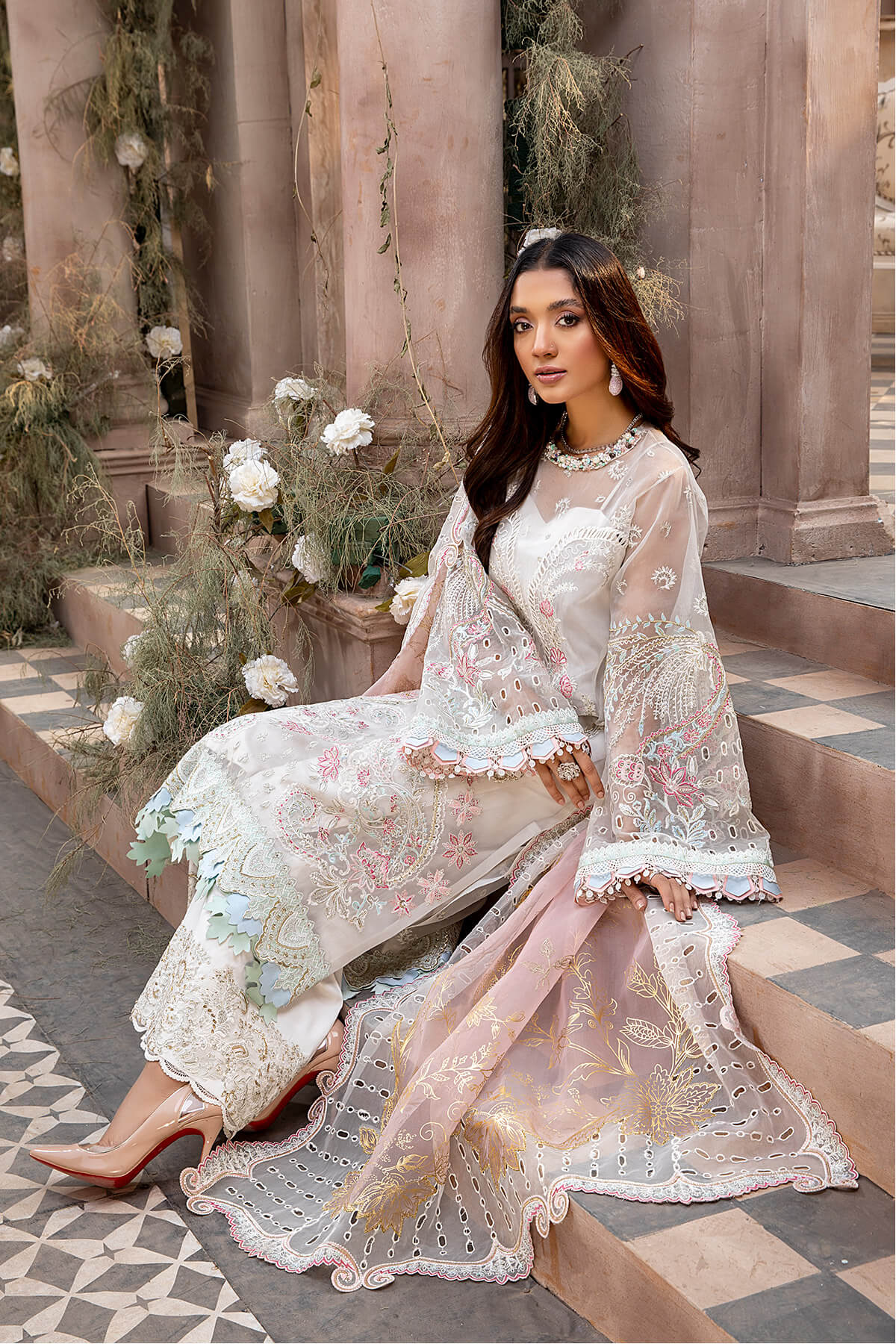 Pakistani Ivory Embroidered Organza & Silk Salwar Kameez (3-Piece) - Image 3