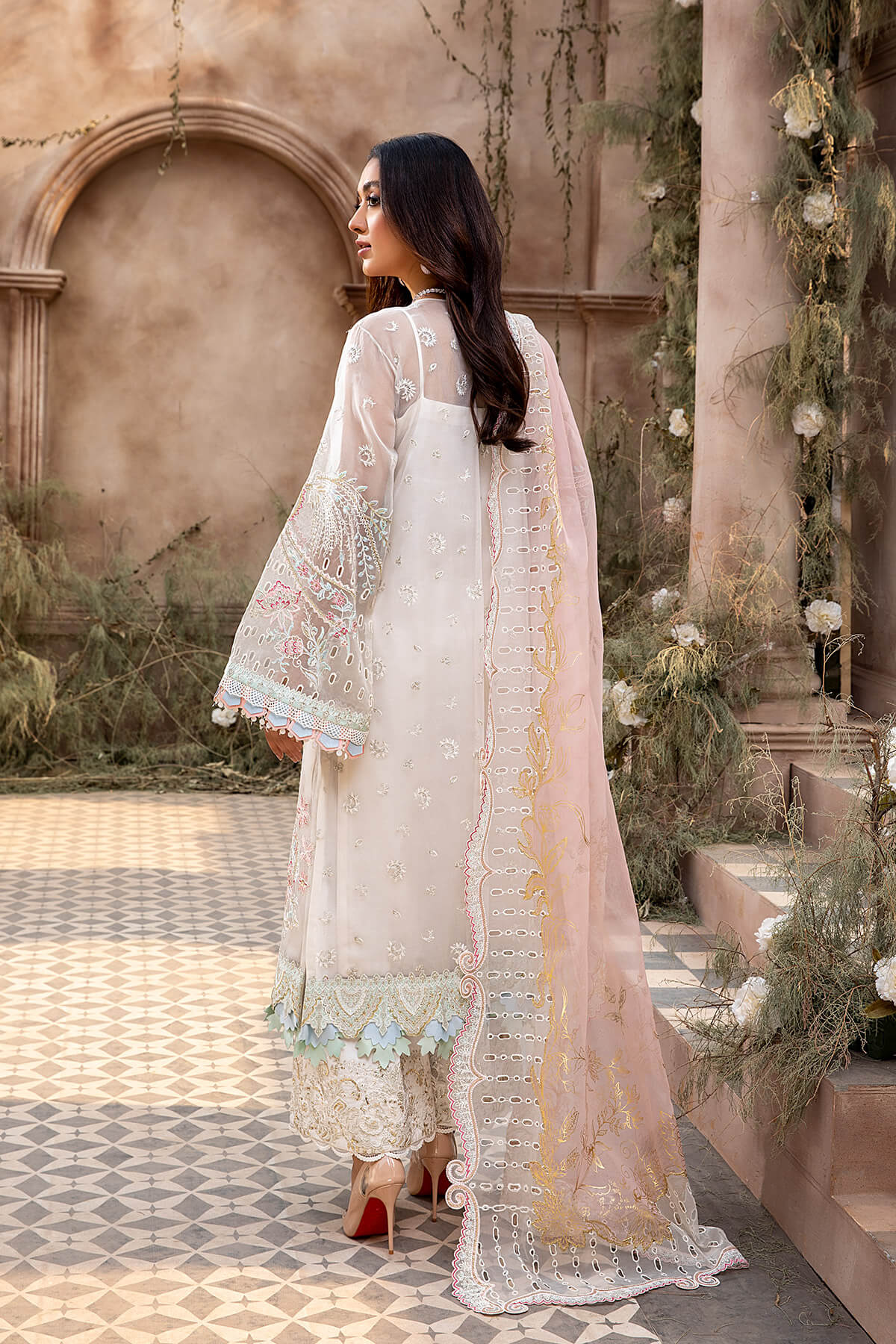 Pakistani Ivory Embroidered Organza & Silk Salwar Kameez (3-Piece) - Image 4