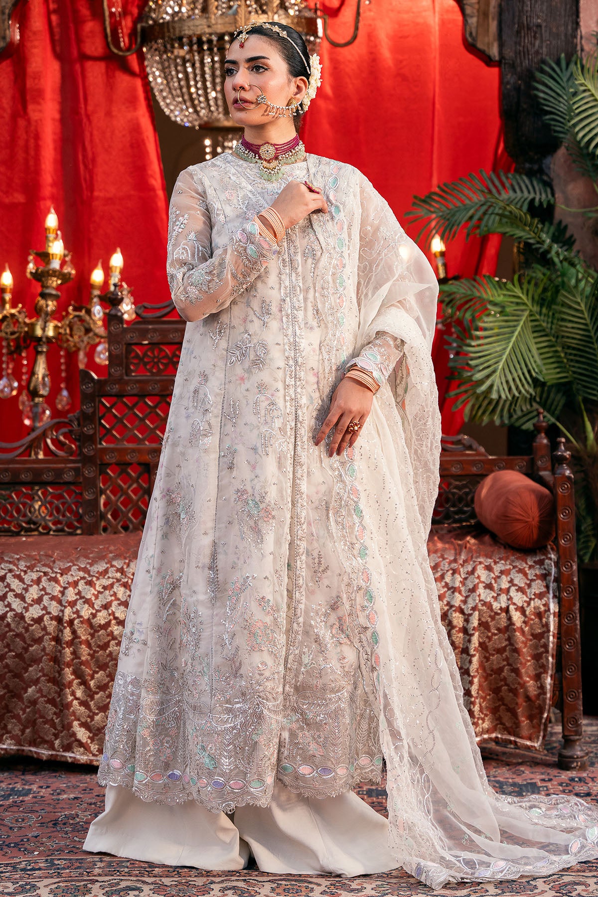 Pakistani Ivory Embroidered Organza Salwar Kameez (3-Piece) - Image 1