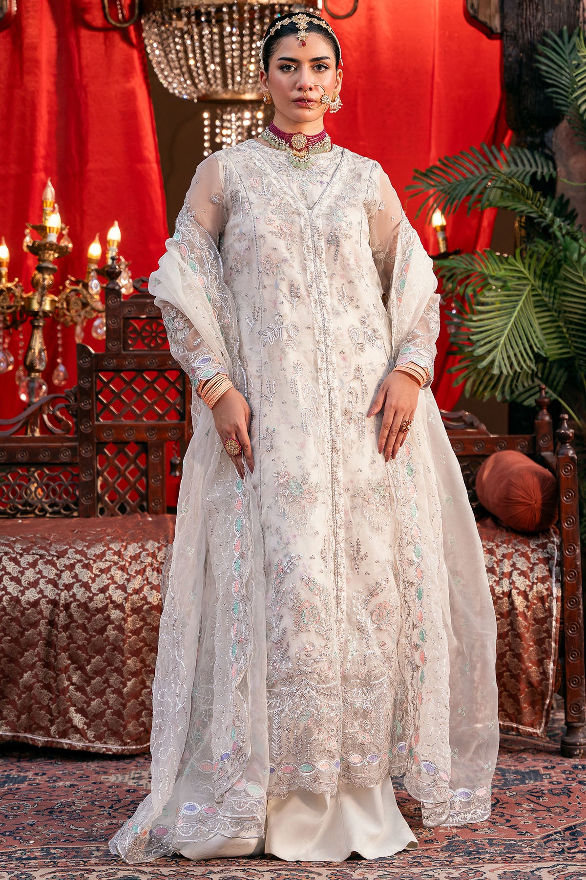 Pakistani Ivory Embroidered Organza Salwar Kameez (3-Piece) - Image 2