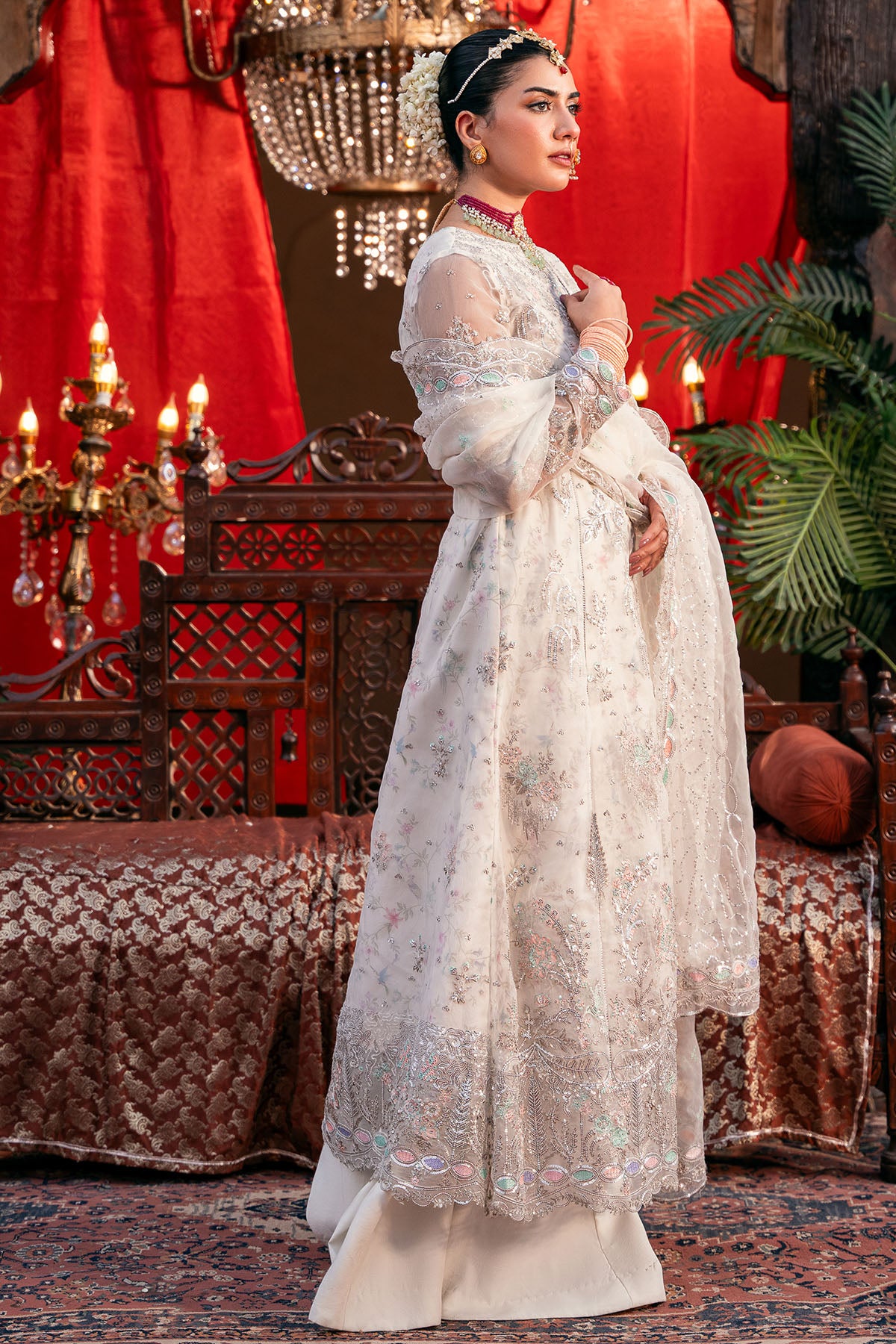 Pakistani Ivory Embroidered Organza Salwar Kameez (3-Piece) - Image 3