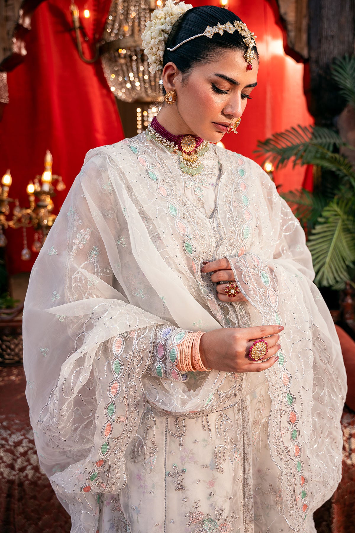 Pakistani Ivory Embroidered Organza Salwar Kameez (3-Piece) - Image 4