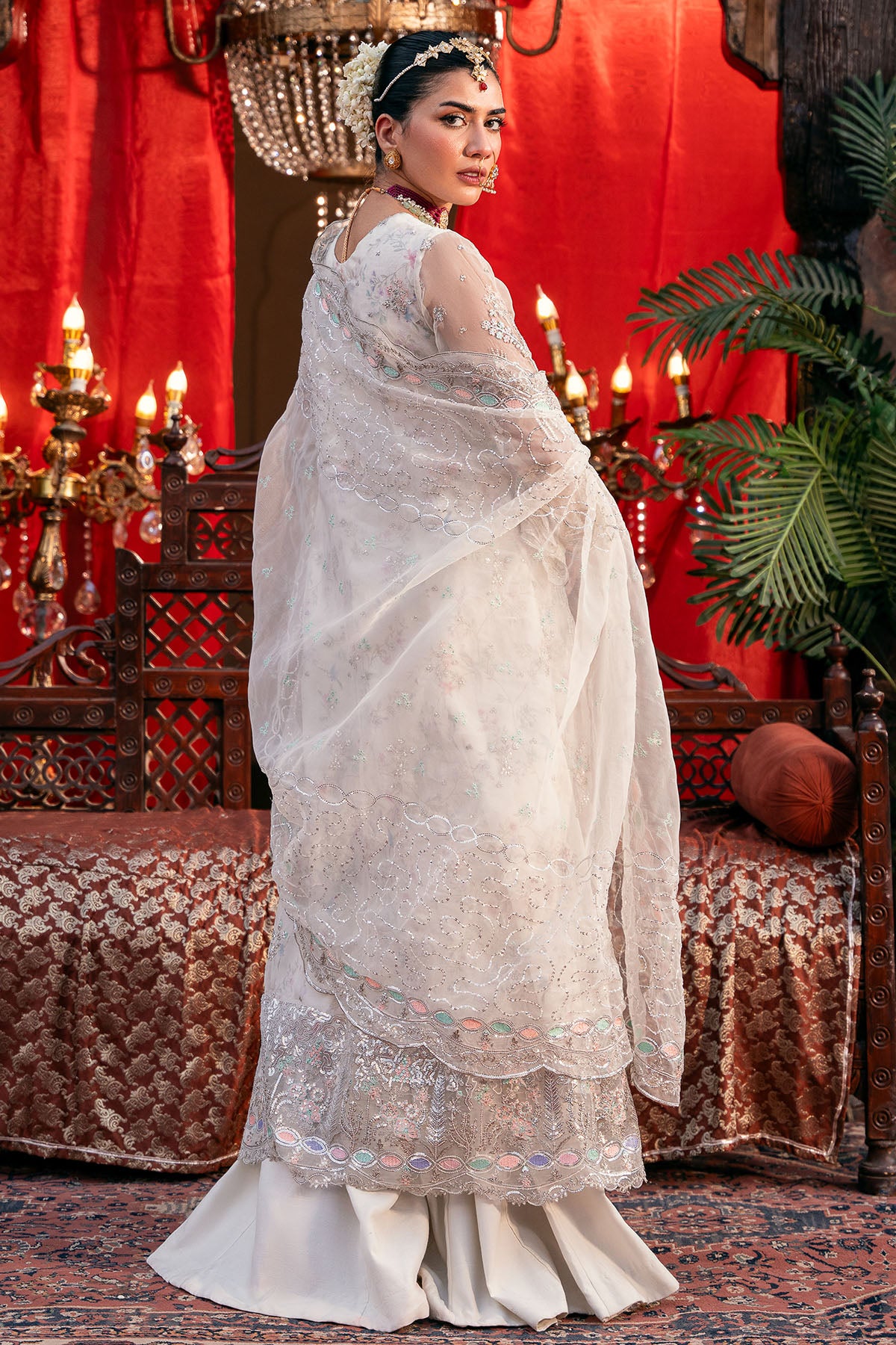 Pakistani Ivory Embroidered Organza Salwar Kameez (3-Piece) - Image 6