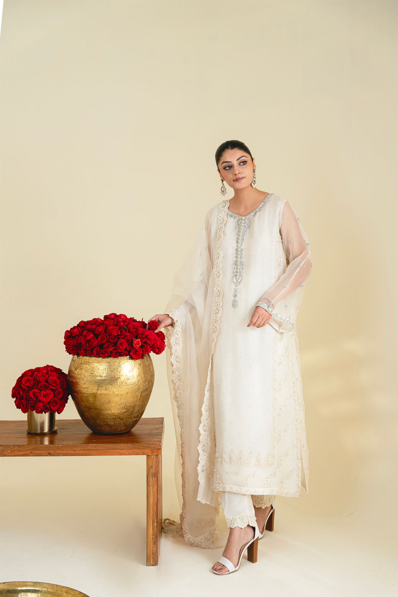Pakistani Ivory Embroidered Pure Organza Salwar Kameez (3-Piece) - Image 1