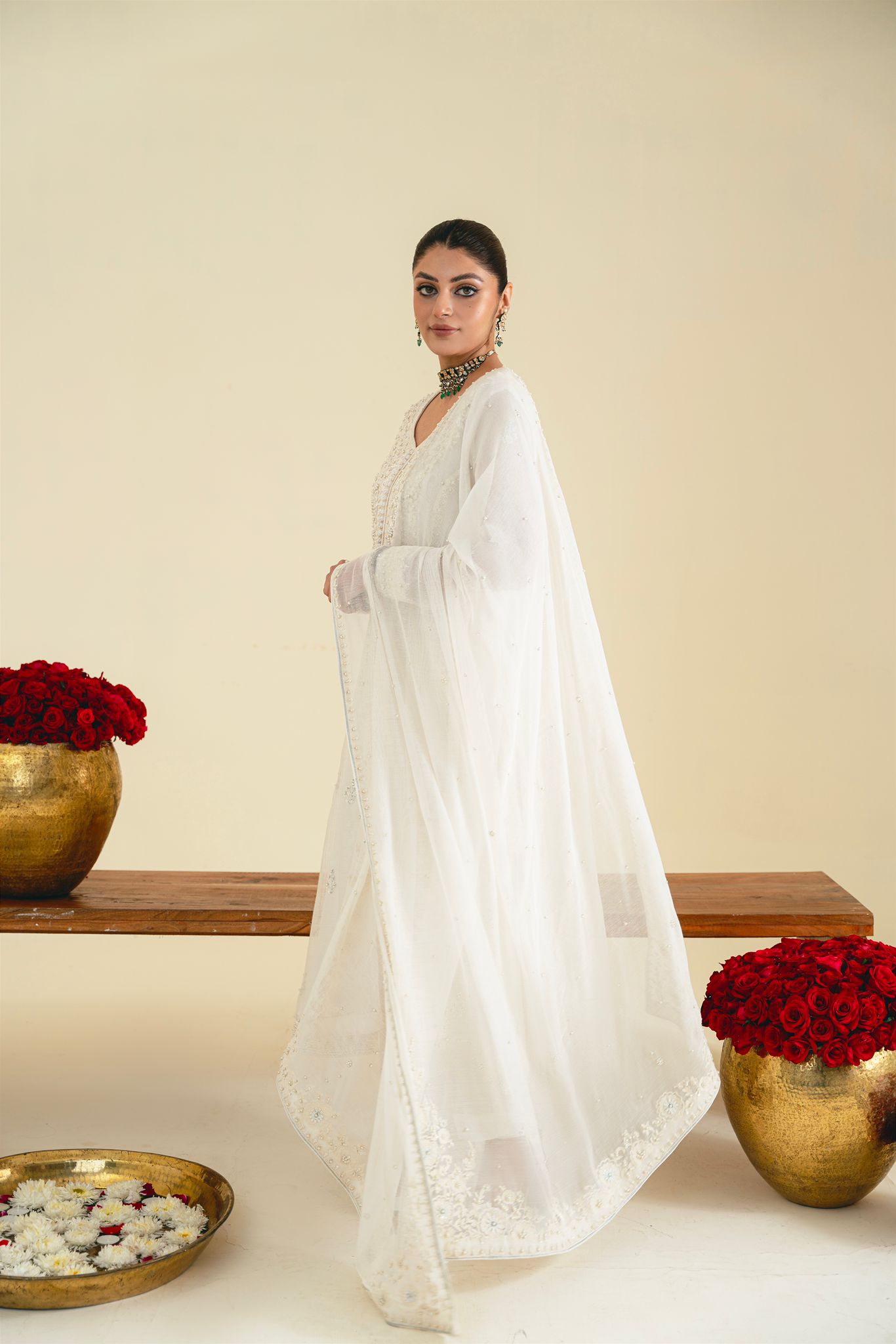 Pakistani Ivory Embroidered Pure Organza Salwar Kameez (3-Piece) - Image 4