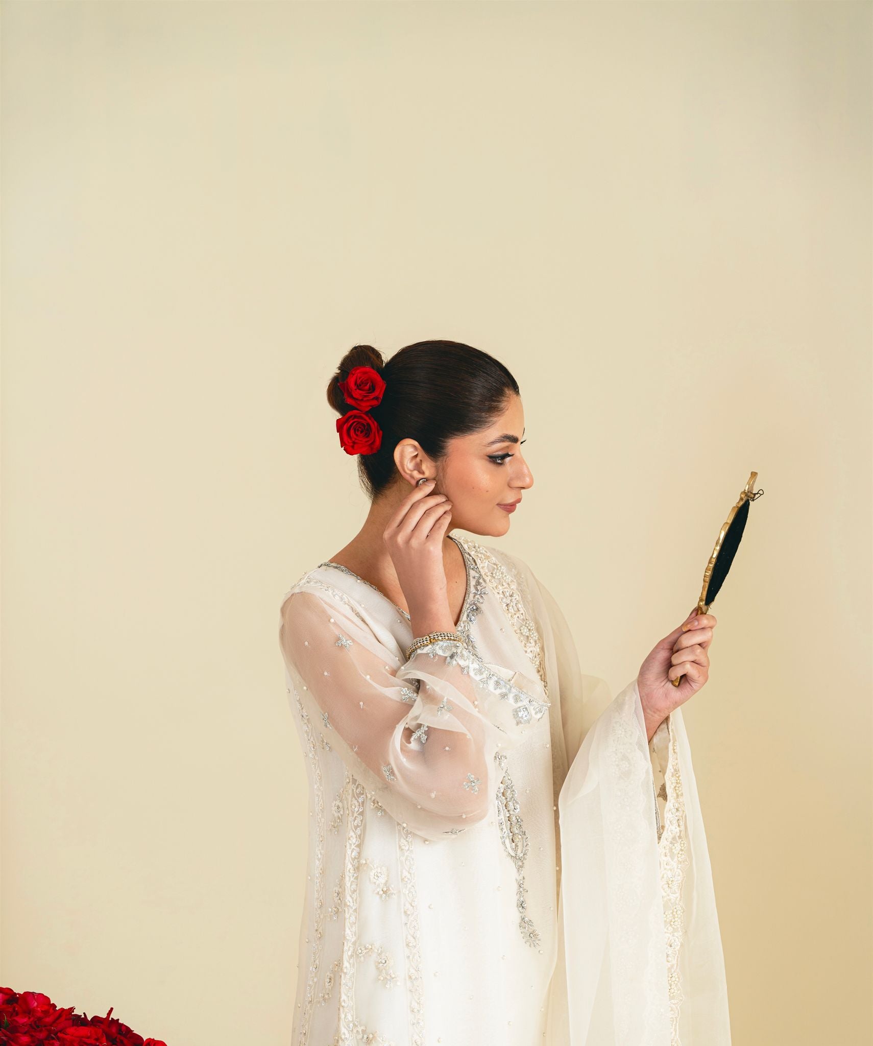 Pakistani Ivory Embroidered Pure Organza Salwar Kameez (3-Piece) - Image 5