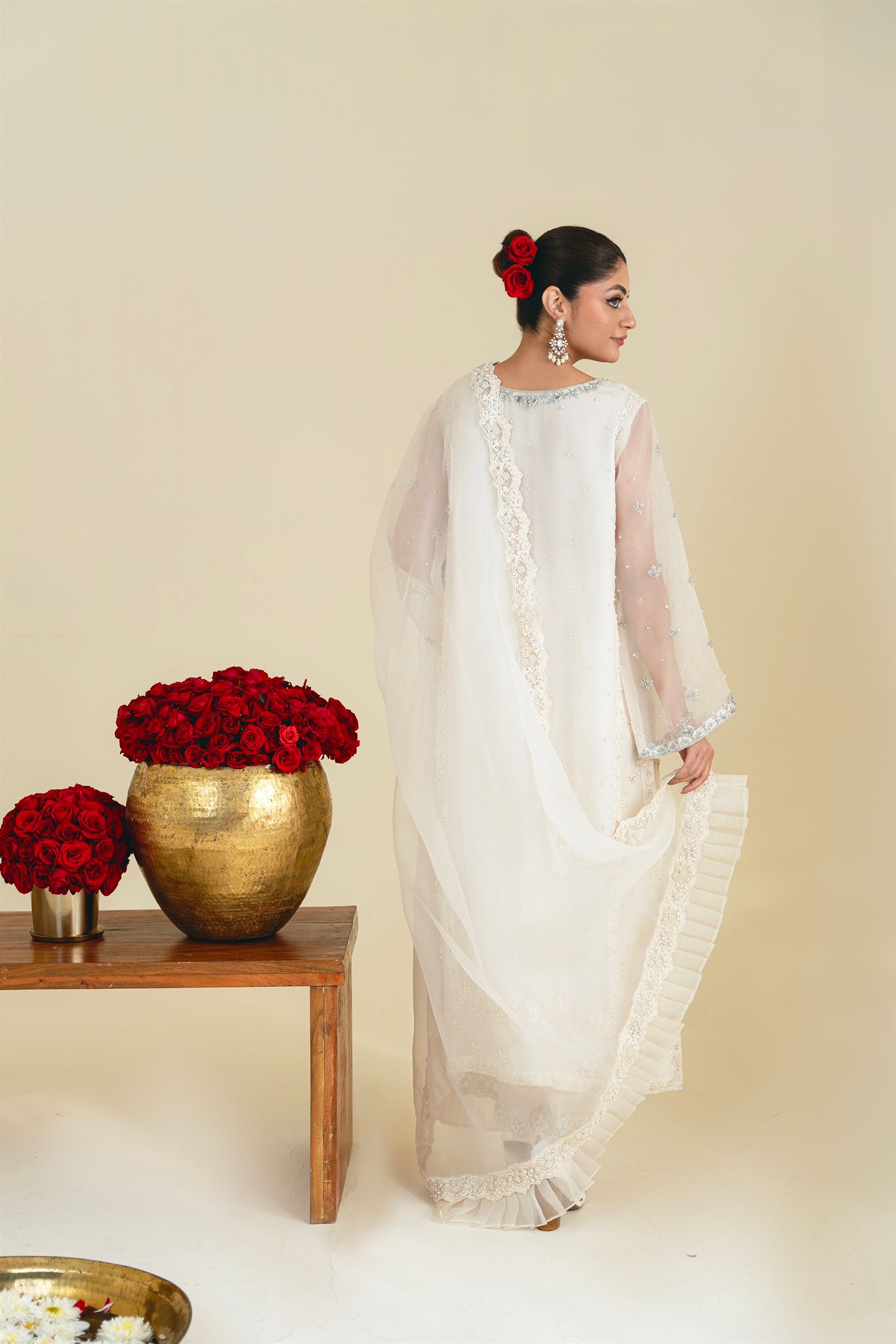 Pakistani Ivory Embroidered Pure Organza Salwar Kameez (3-Piece) - Image 6