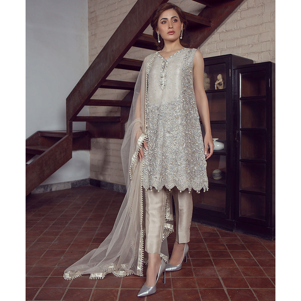 Pakistani Pearl Embellished Organza & Raw Silk Salwar Kameez (3-Piece) - Image 1