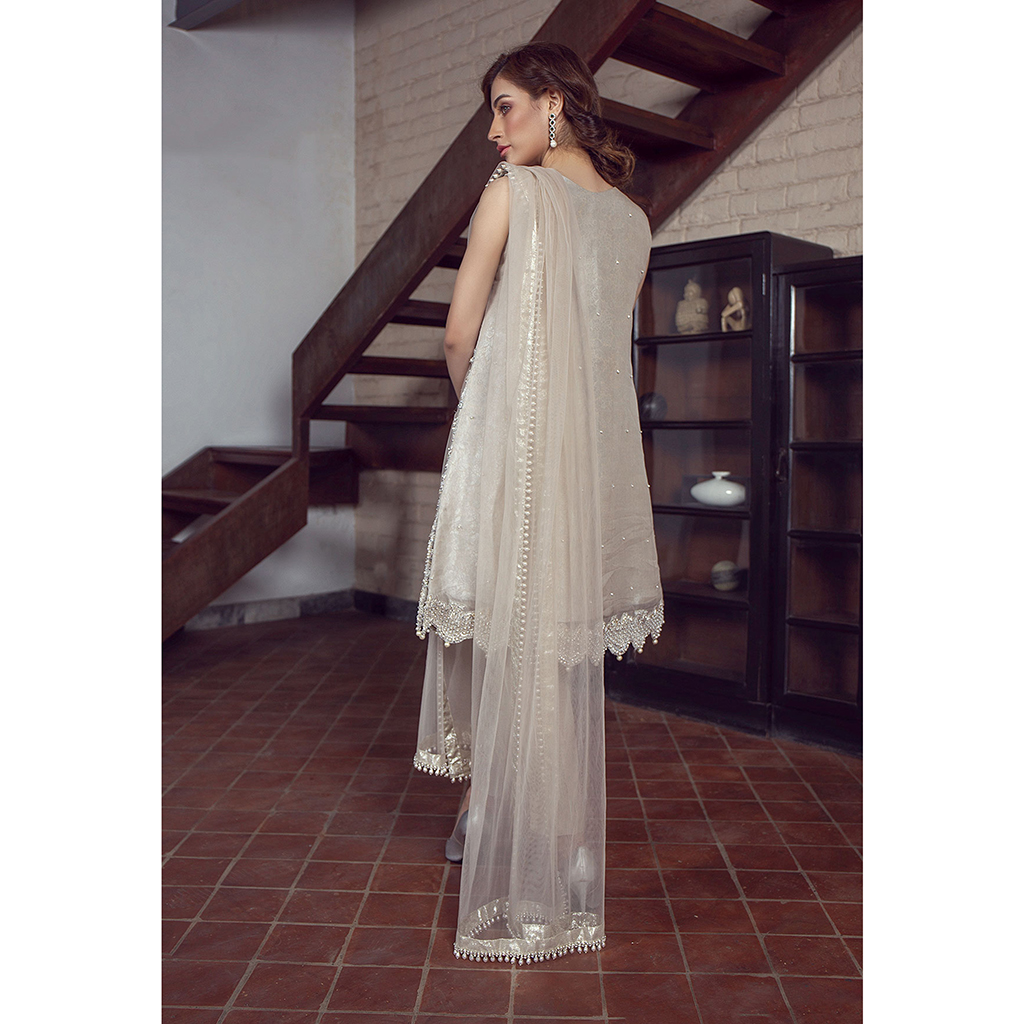 Pakistani Pearl Embellished Organza & Raw Silk Salwar Kameez (3-Piece) - Image 2