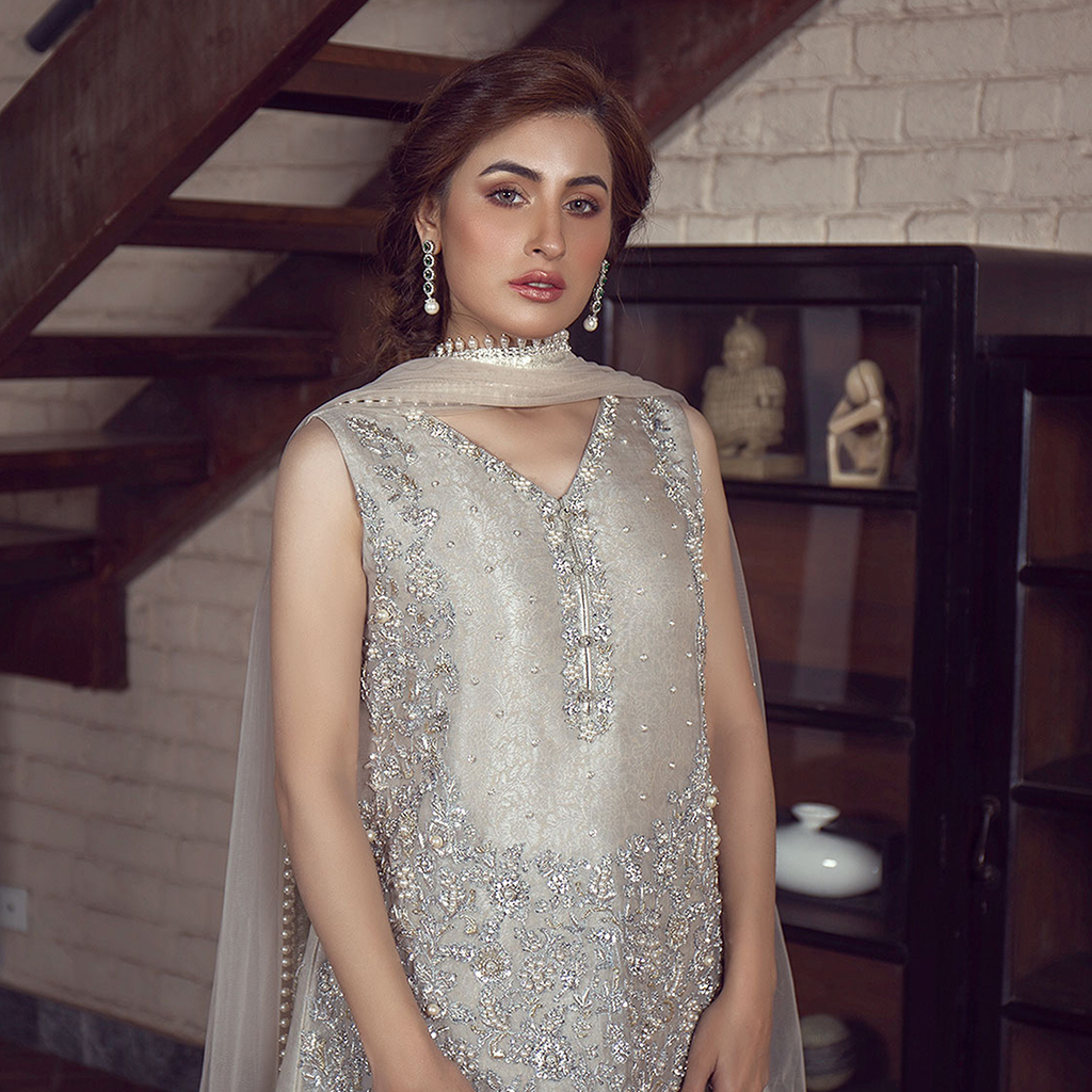 Pakistani Pearl Embellished Organza & Raw Silk Salwar Kameez (3-Piece) - Image 3