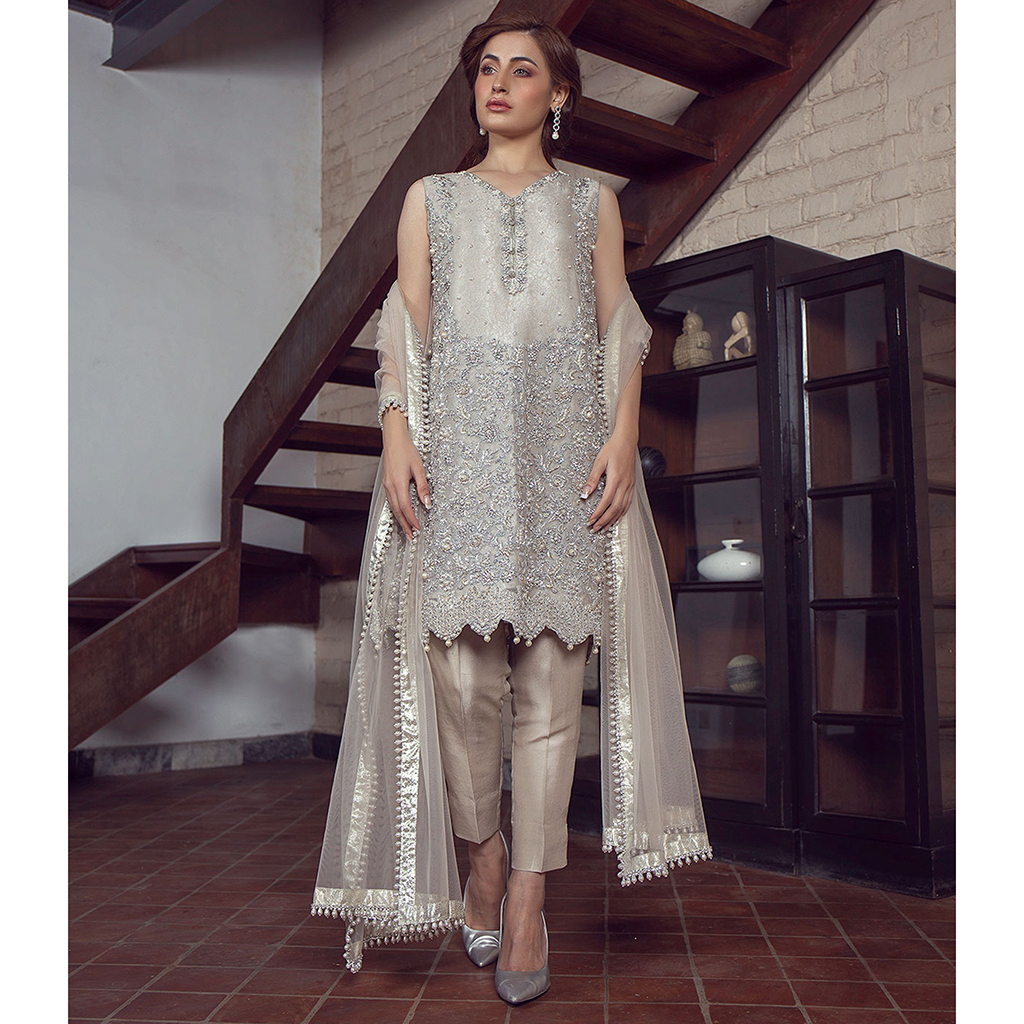 Pakistani Pearl Embellished Organza & Raw Silk Salwar Kameez (3-Piece) - Image 4