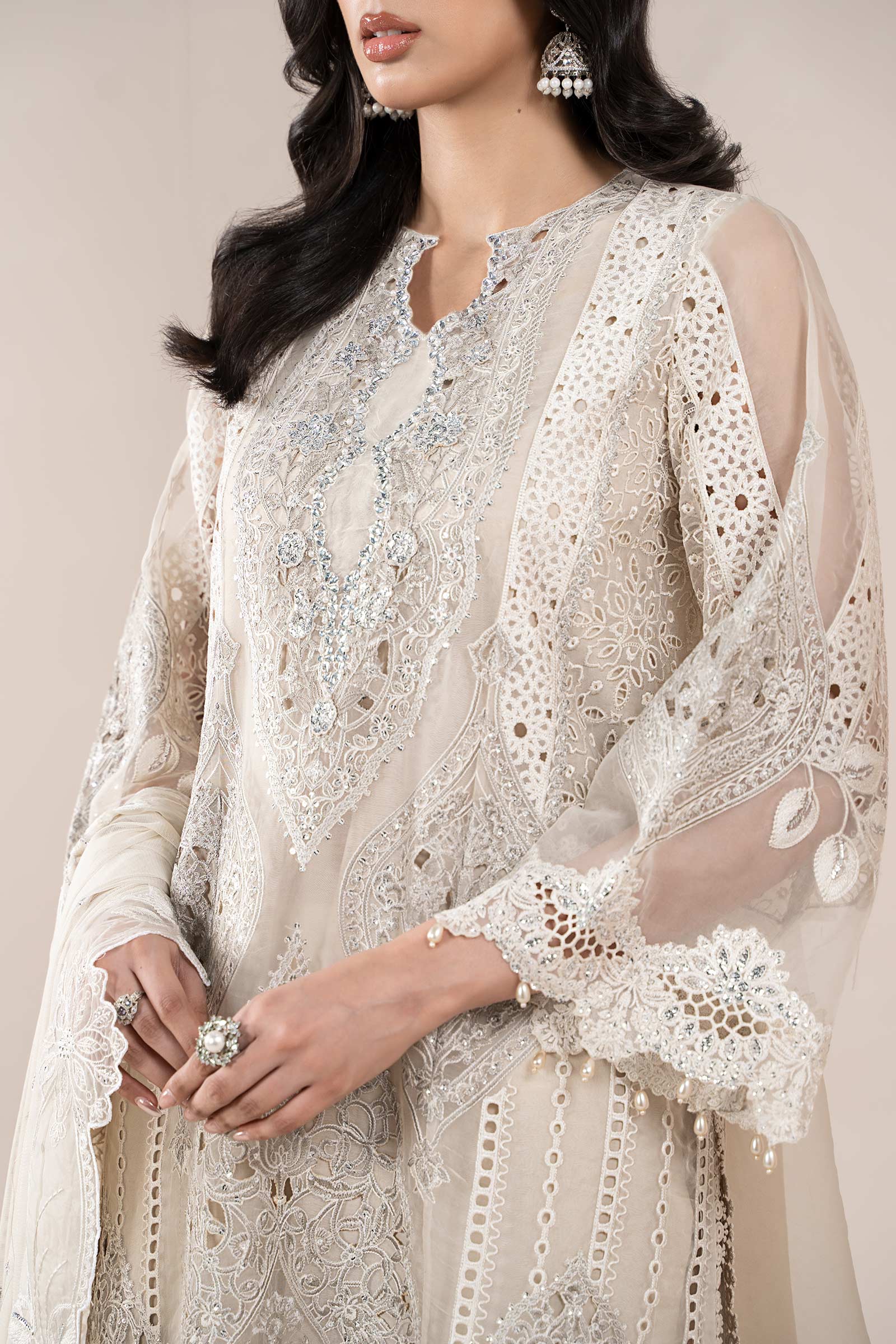 Ivory Embroidered Organza Straight-Cut Suit (3-Piece) - Image 3